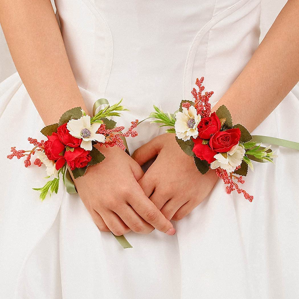 Campsis Wedding Wrist Flower Corsage Red Handmade Floarl Hand Flower Bride Bridal Artificial Wristle