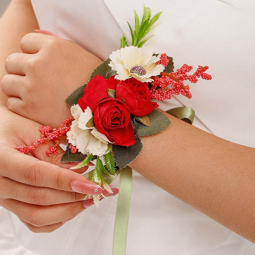 Campsis Wedding Wrist Flower Corsage Red Handmade Floarl Hand Flower Bride Bridal Artificial Wristle