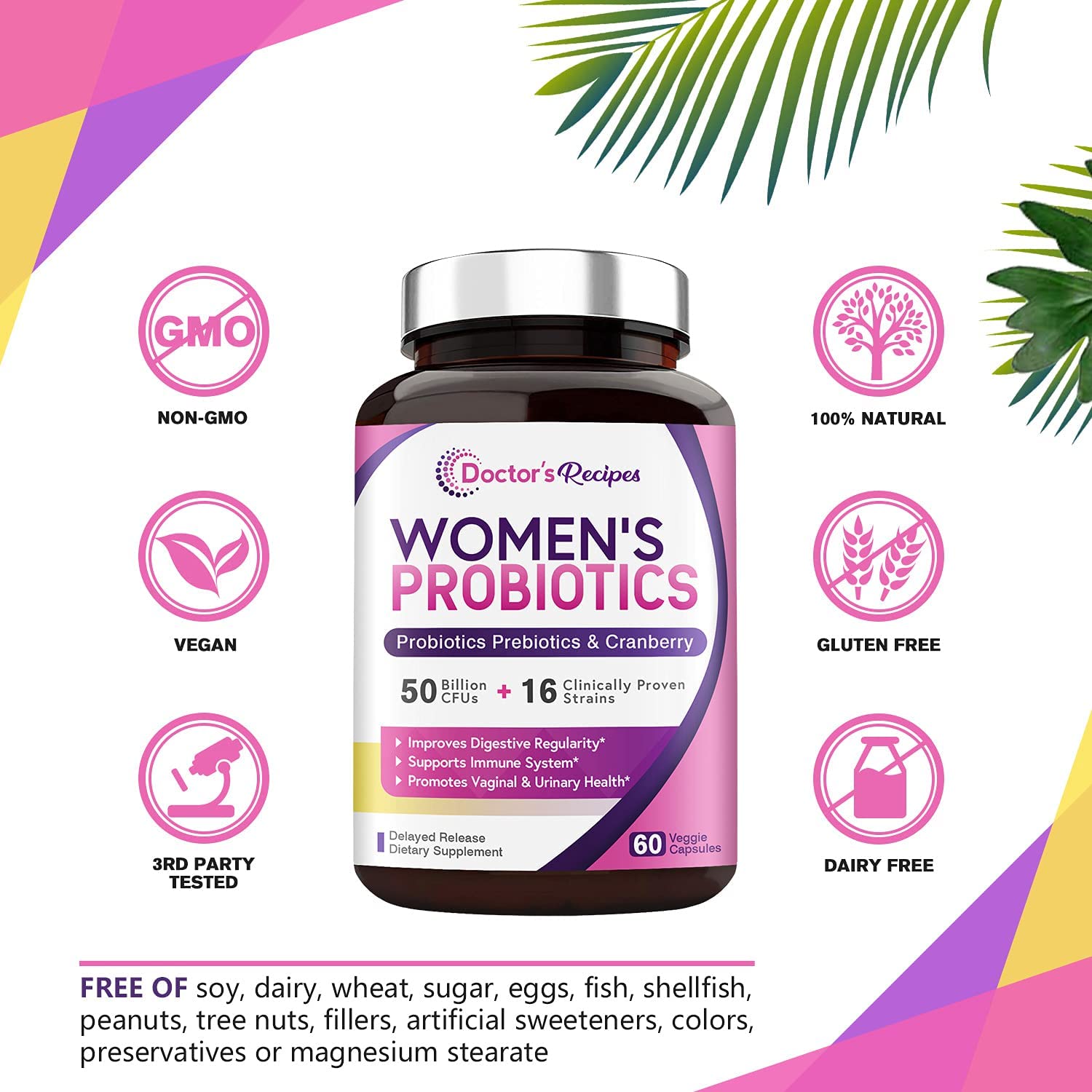 Doctor's Recipes Women’s Probiotic, 60 Caps 50 Billion CFU 16 Strains, with Organic Prebiotics Cra