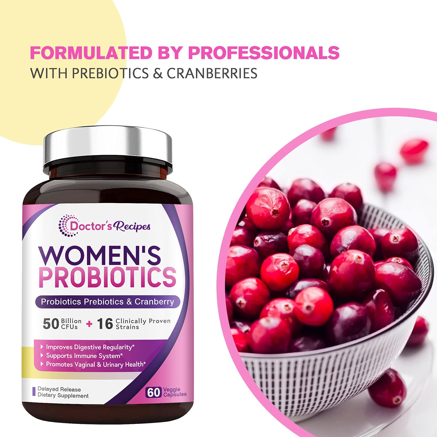 Doctor's Recipes Women’s Probiotic, 60 Caps 50 Billion CFU 16 Strains, with Organic Prebiotics Cra