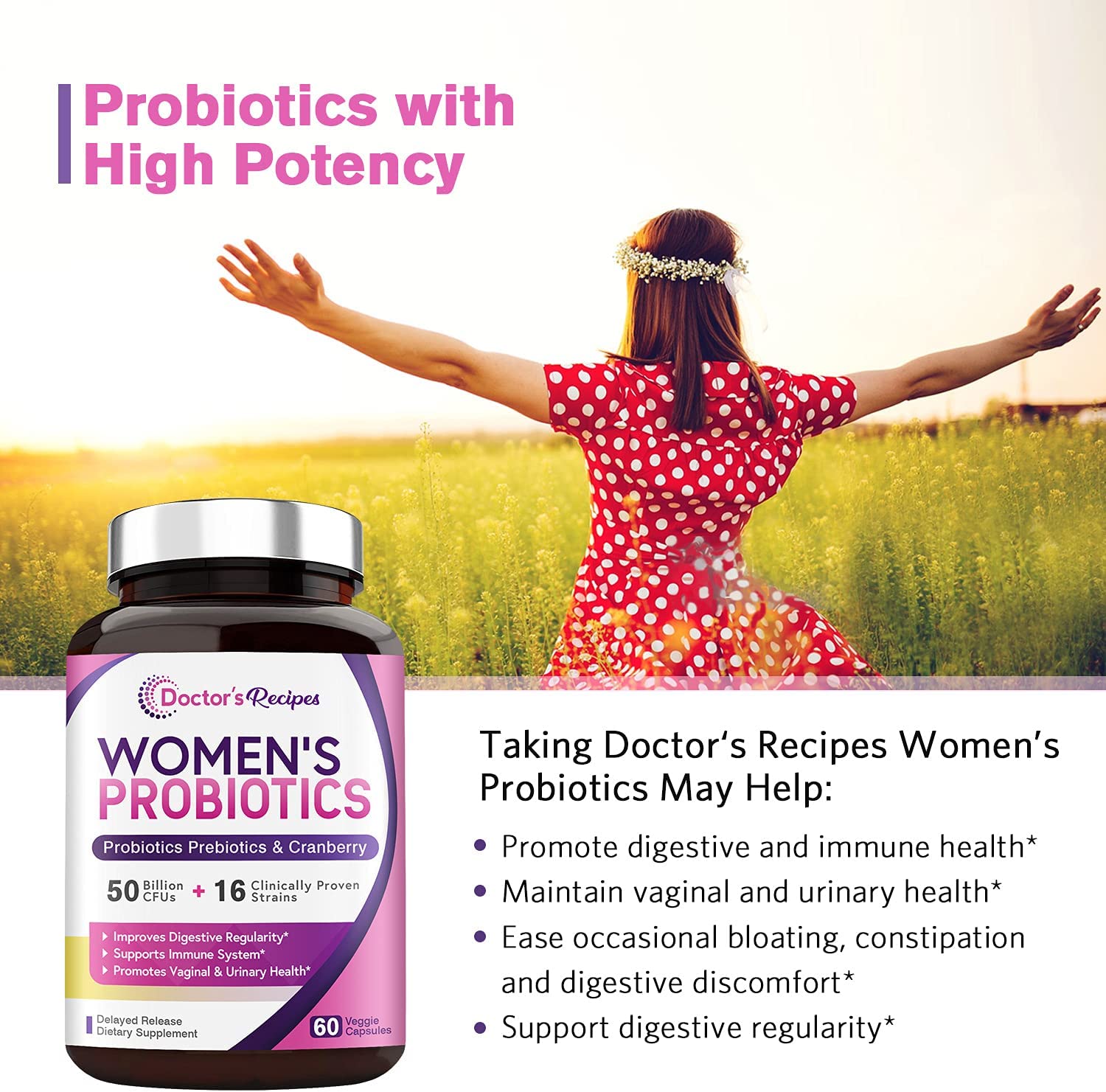 Doctor's Recipes Women’s Probiotic, 60 Caps 50 Billion CFU 16 Strains, with Organic Prebiotics Cra