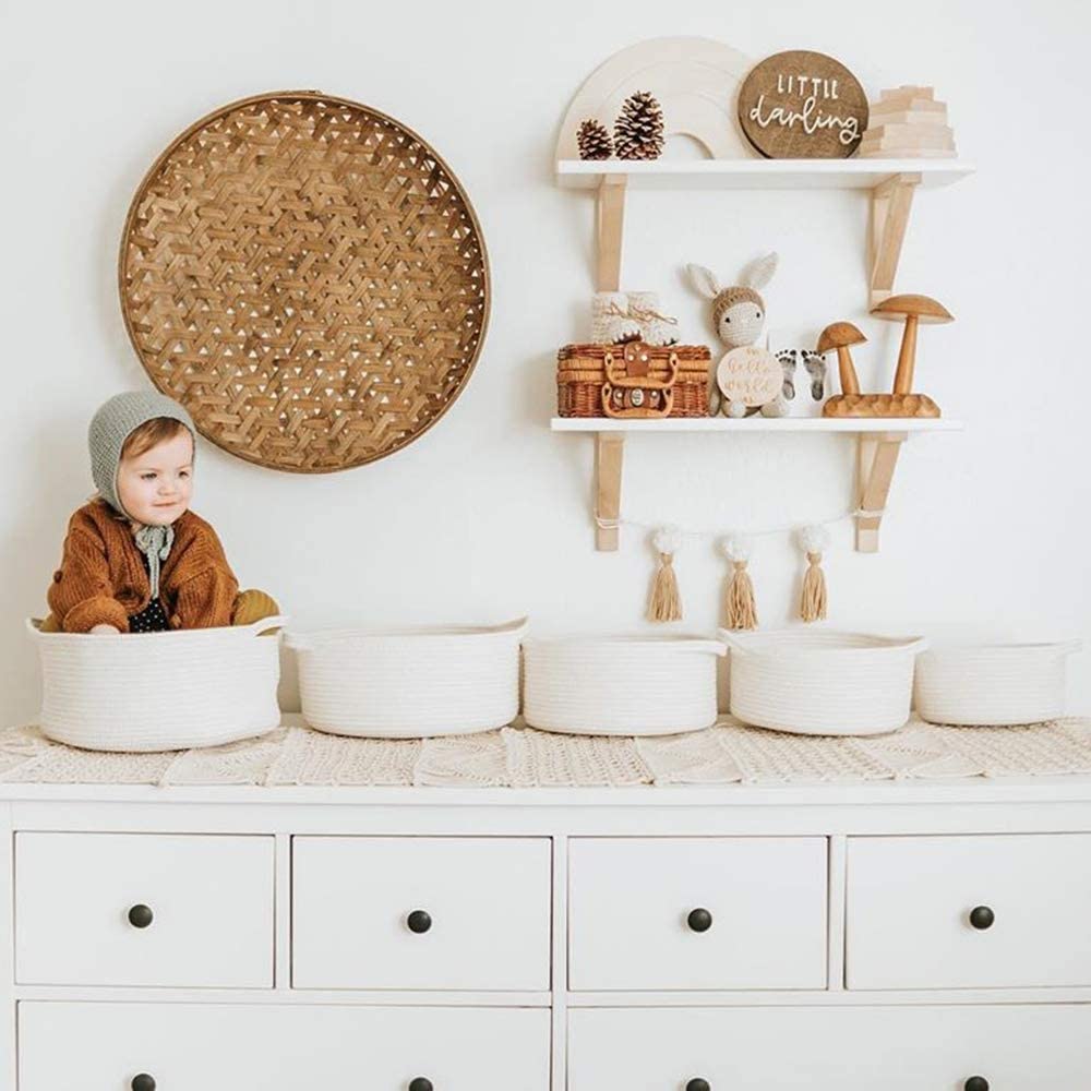 HAN-MM Storage Baskets Set of 5- Woven Basket Cotton Rope Bin, Small White Basket Organizer for Baby