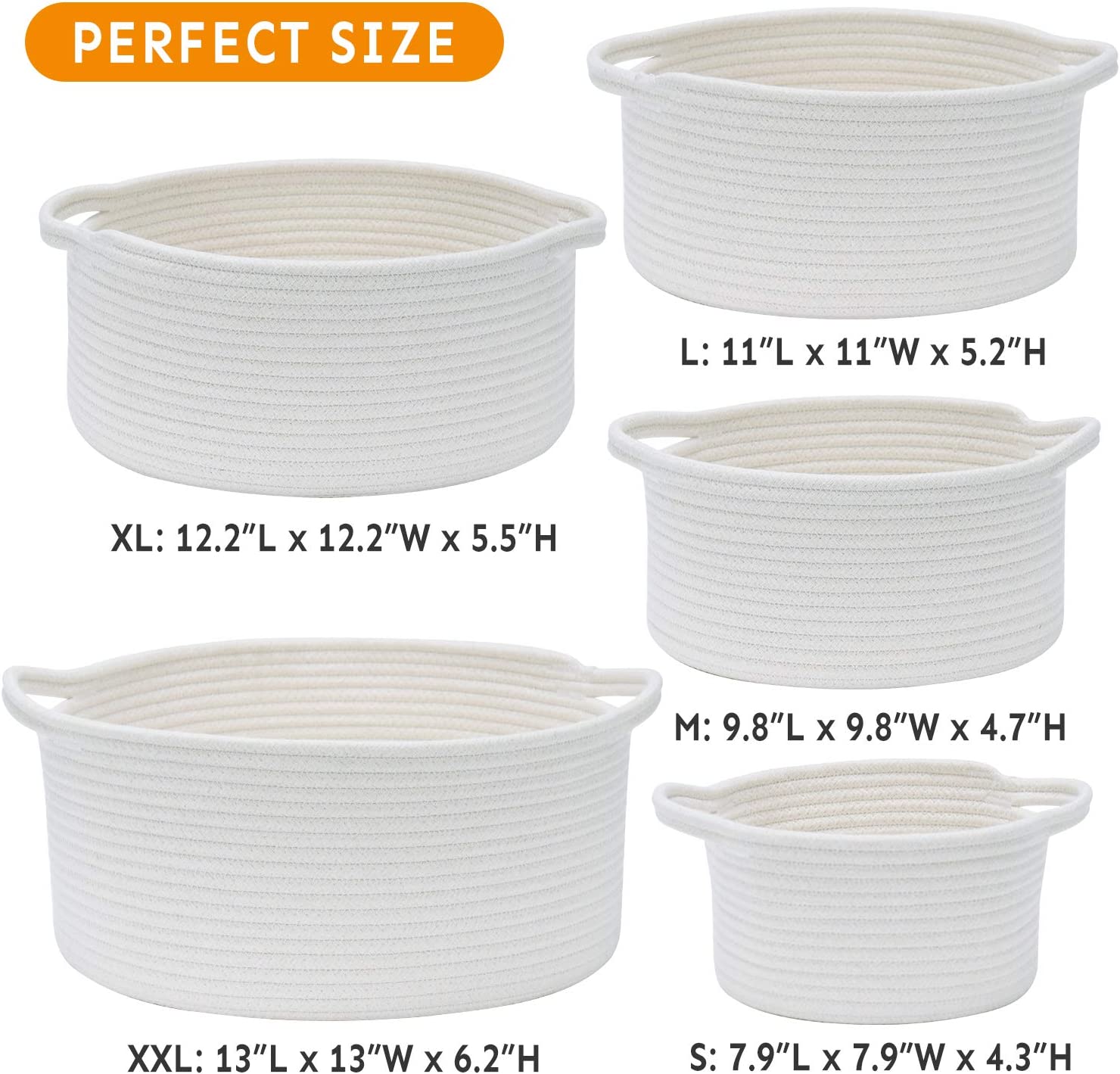 HAN-MM Storage Baskets Set of 5- Woven Basket Cotton Rope Bin, Small White Basket Organizer for Baby