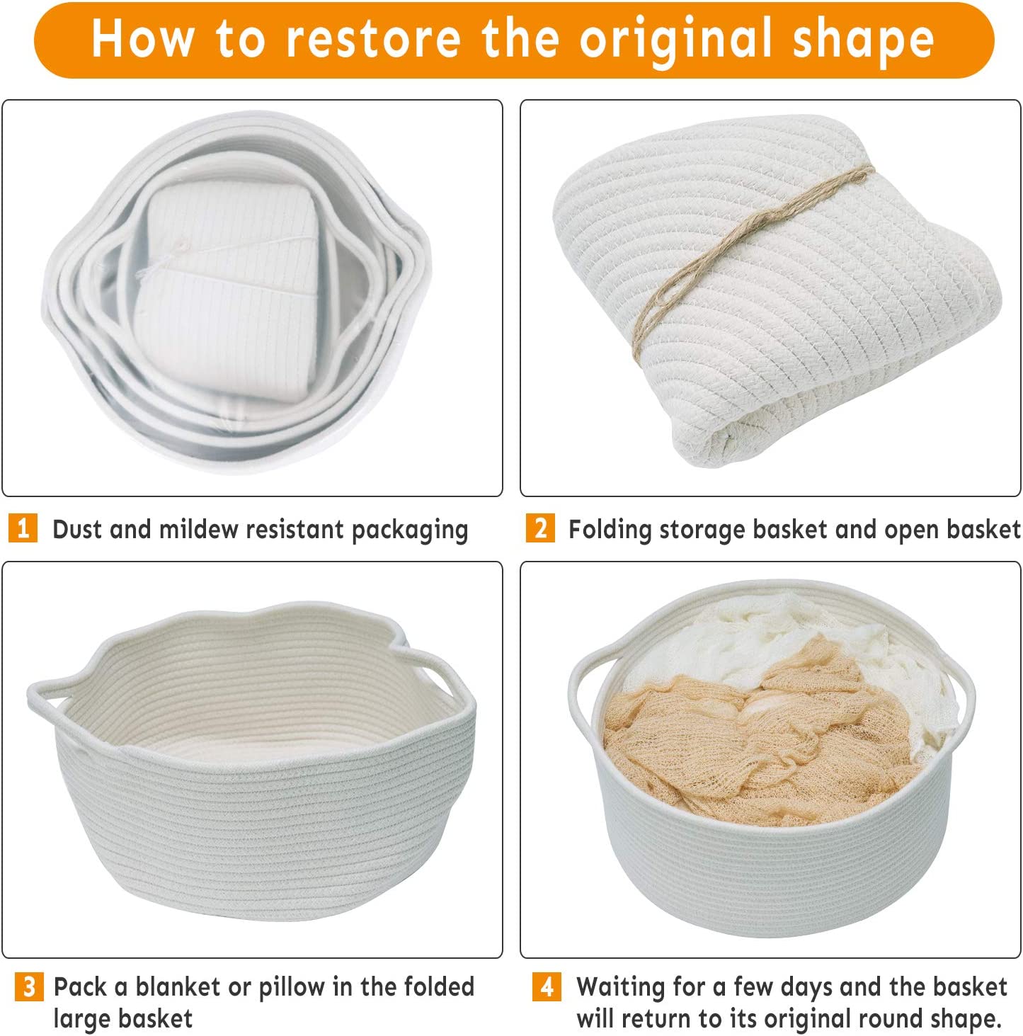 HAN-MM Storage Baskets Set of 5- Woven Basket Cotton Rope Bin, Small White Basket Organizer for Baby