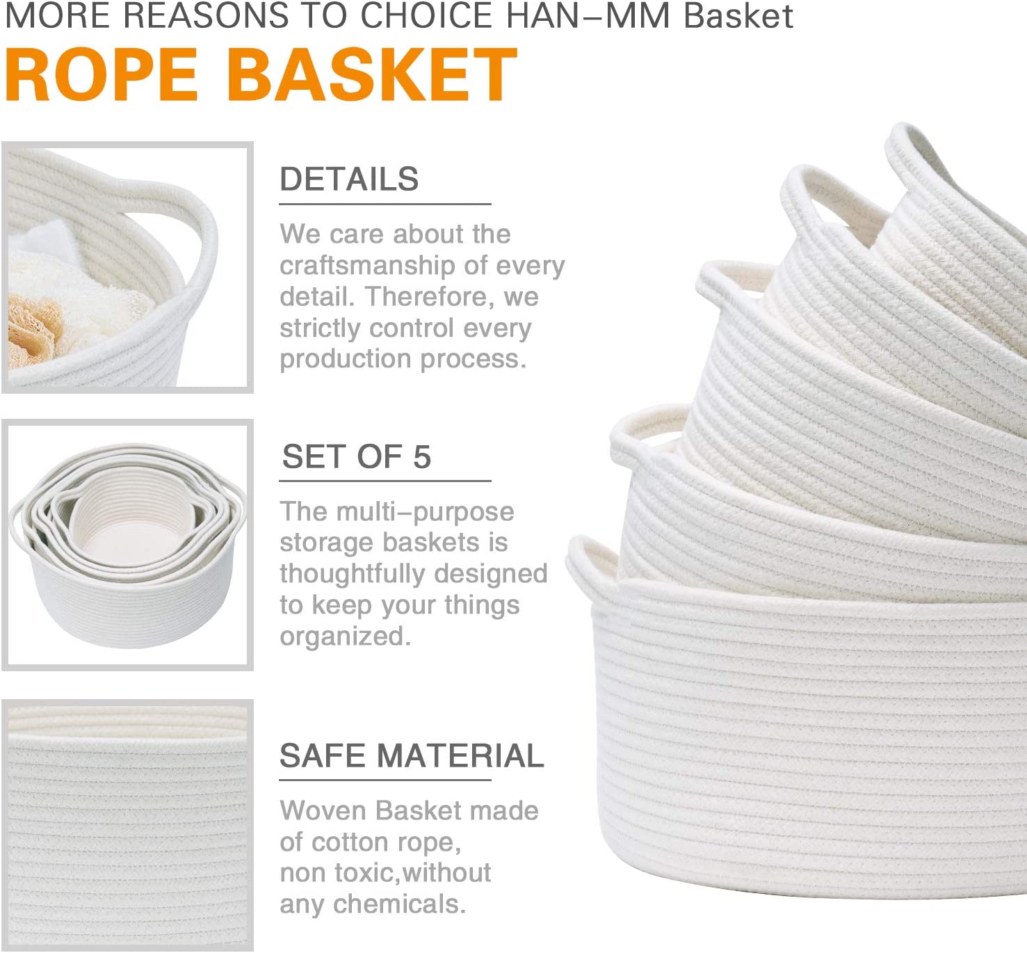 HAN-MM Storage Baskets Set of 5- Woven Basket Cotton Rope Bin, Small White Basket Organizer for Baby