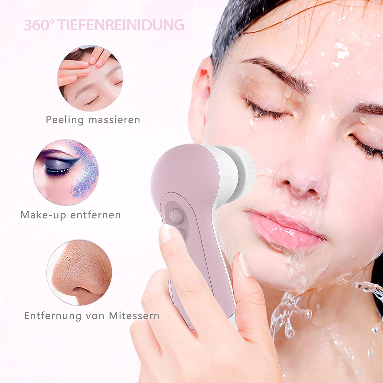 Waterproof Facial Cleansing Spin Brush Set with 3 Exfoliating Brush Heads - Complete Face Spa System