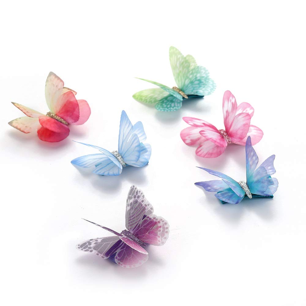 Liasun 6Pcs/pack 3D Colorful Organza Butterfly Hair Clips - Chiffon Fairy Wings - Ribbon Wrapped Cli