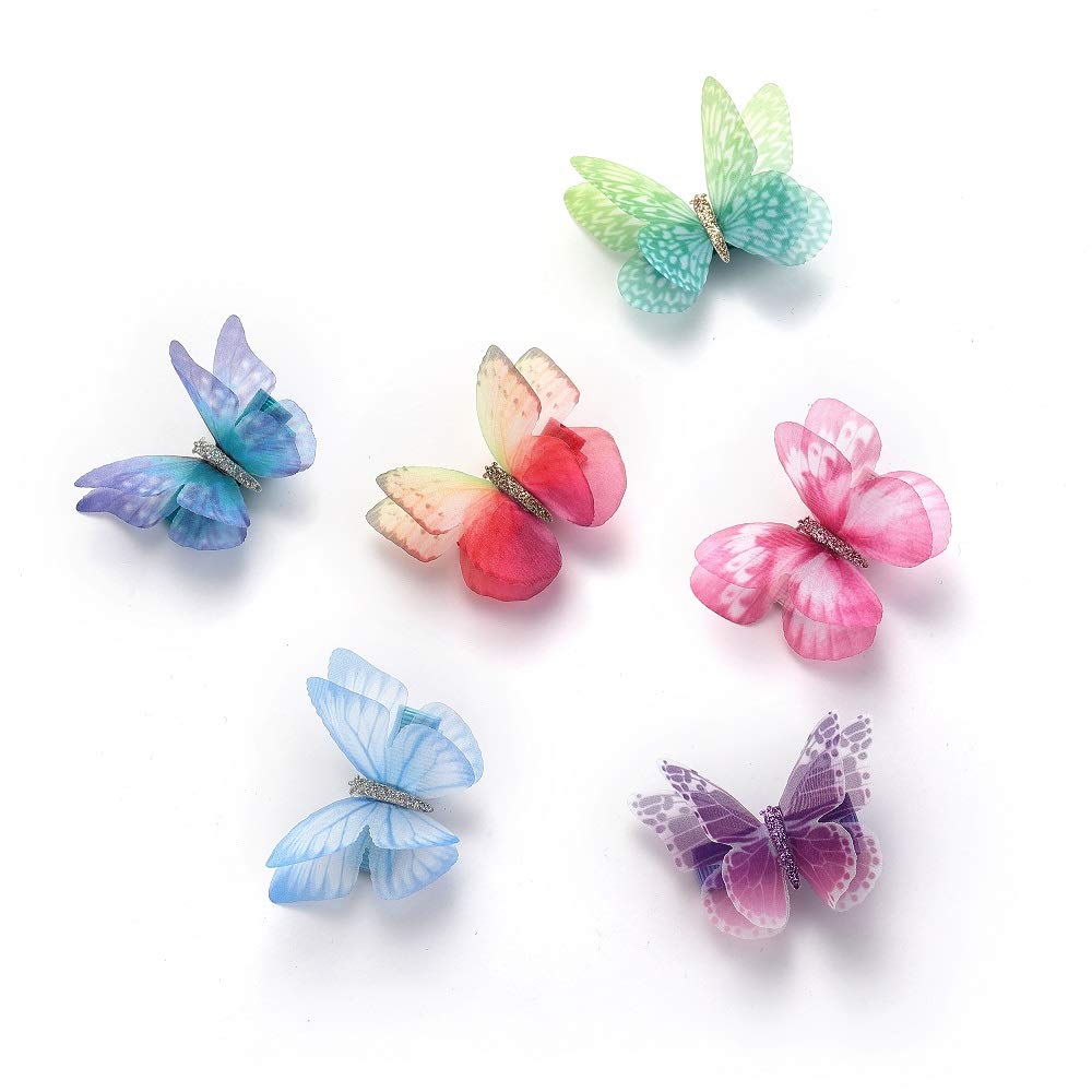 Liasun 6Pcs/pack 3D Colorful Organza Butterfly Hair Clips - Chiffon Fairy Wings - Ribbon Wrapped Cli