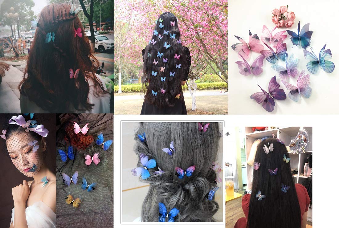 Liasun 6Pcs/pack 3D Colorful Organza Butterfly Hair Clips - Chiffon Fairy Wings - Ribbon Wrapped Cli