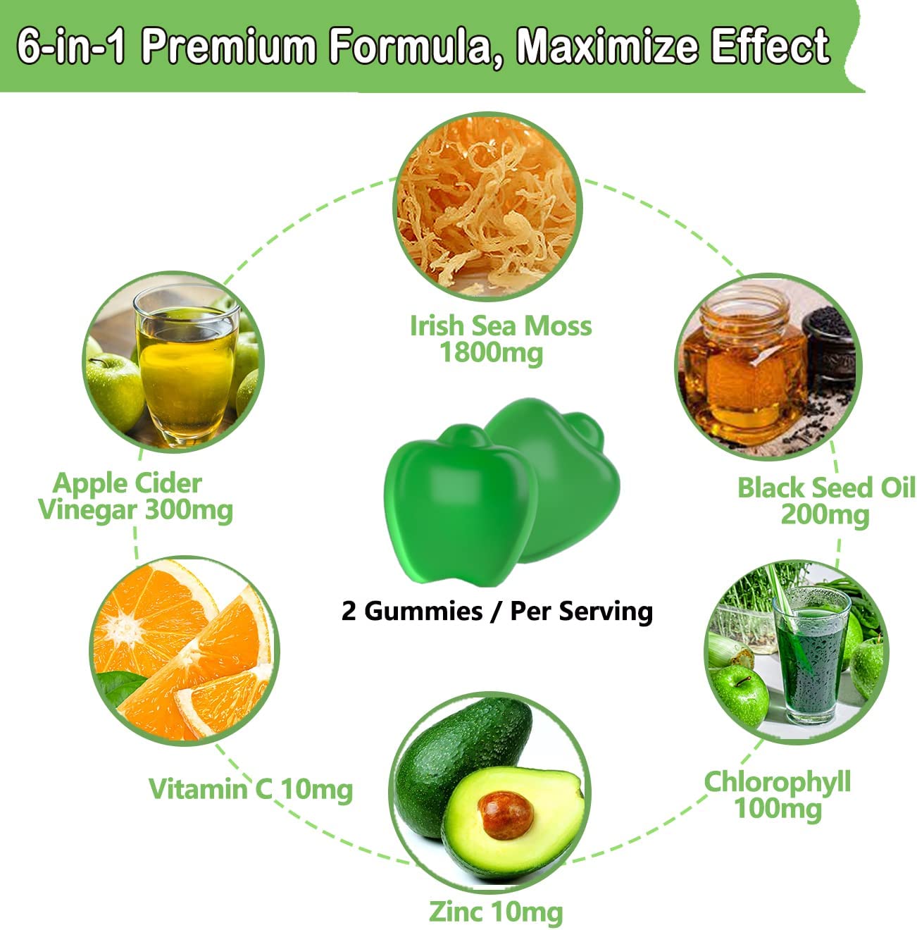 Organic Irish Sea Moss Gummies with Apple Cider Vinegar, Black Seed Oil, Chlorophyll - Thyroid, Dige