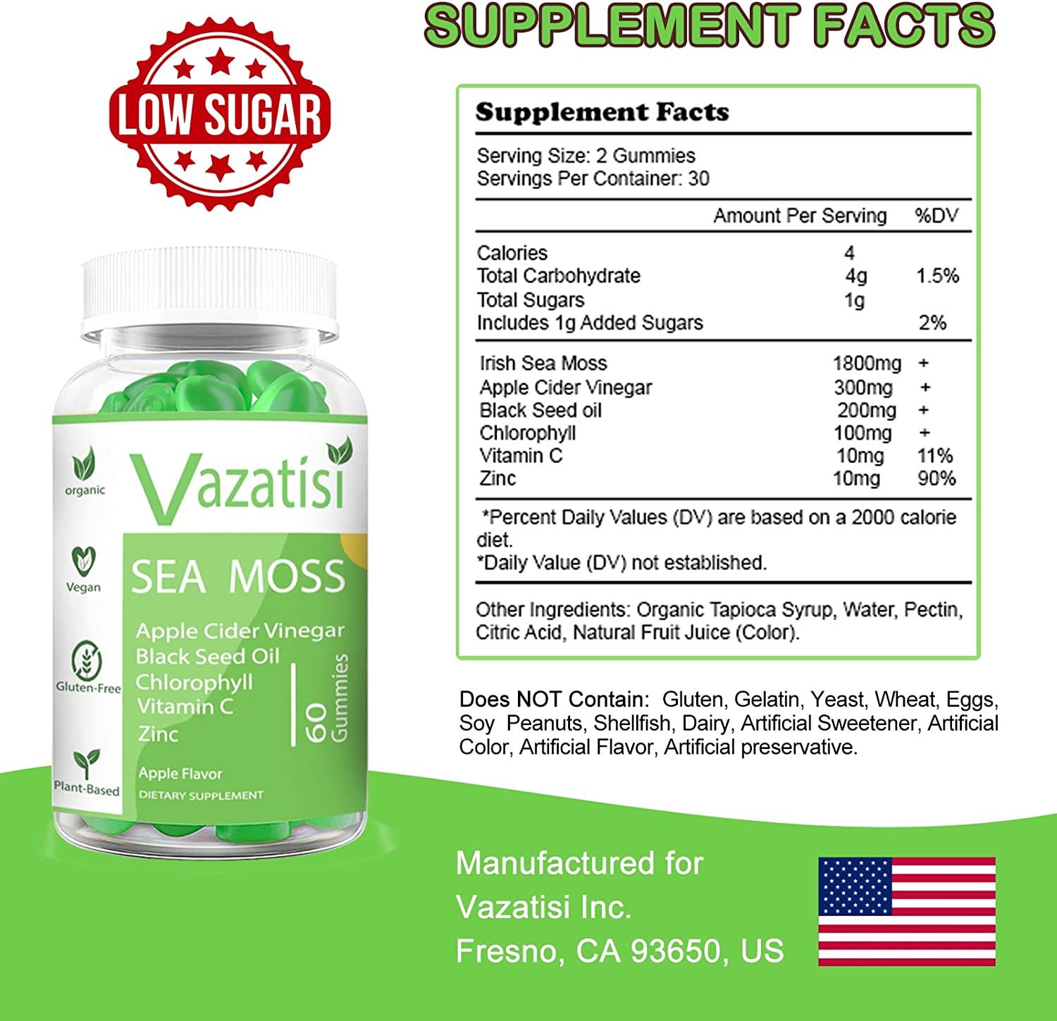 Organic Irish Sea Moss Gummies with Apple Cider Vinegar, Black Seed Oil, Chlorophyll - Thyroid, Dige