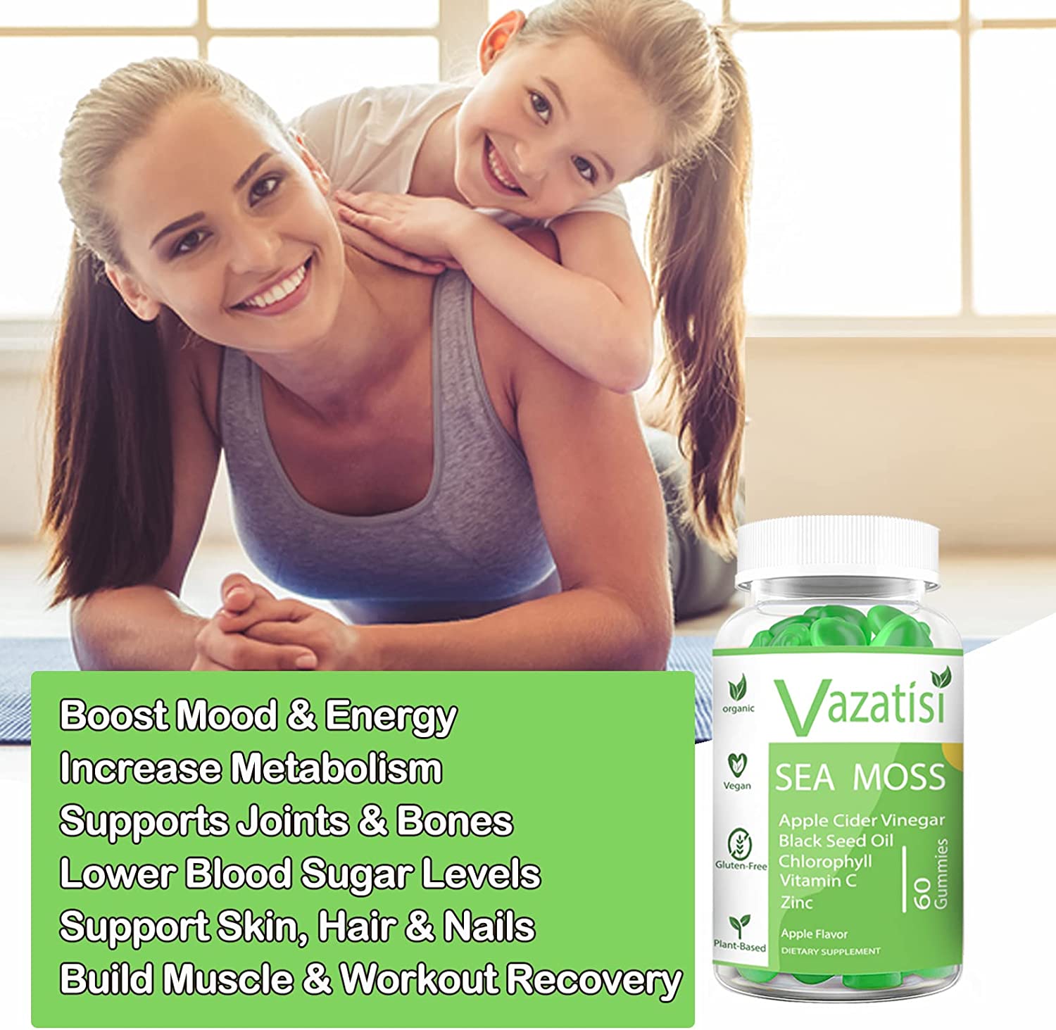 Organic Irish Sea Moss Gummies with Apple Cider Vinegar, Black Seed Oil, Chlorophyll - Thyroid, Dige