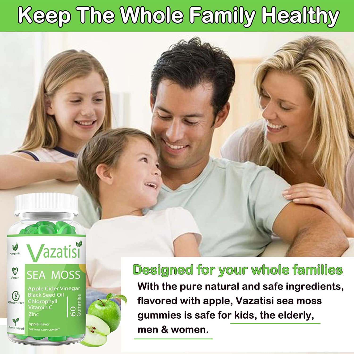 Organic Irish Sea Moss Gummies with Apple Cider Vinegar, Black Seed Oil, Chlorophyll - Thyroid, Dige