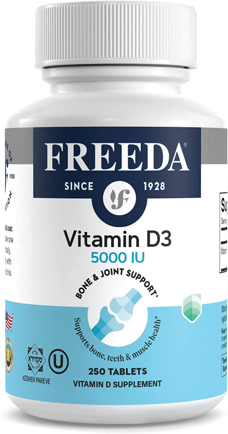 Freeda Vitamin D3 - 5000 IU - Pure High Potency Kosher Supplement Tablets - Bone and Muscle Health,