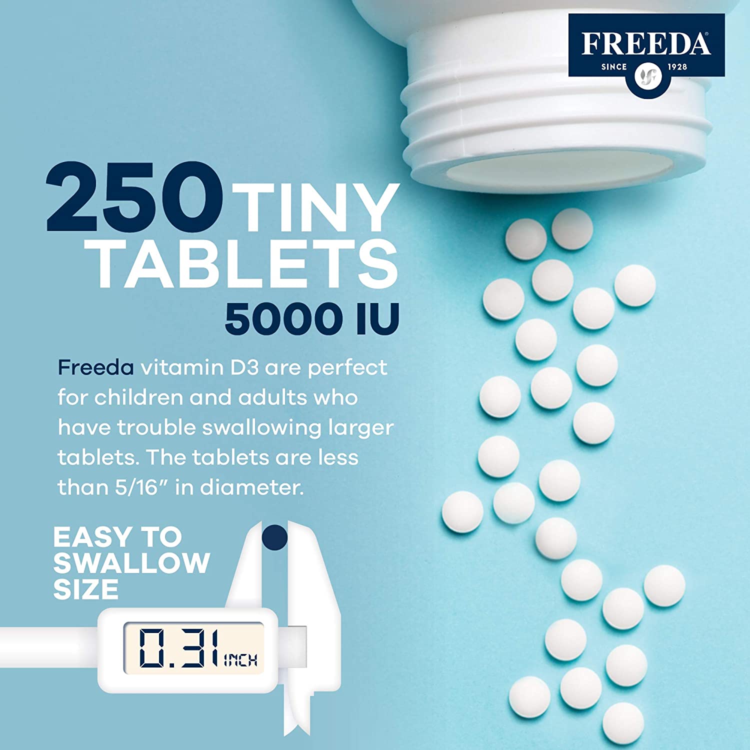 Freeda Vitamin D3 - 5000 IU - Pure High Potency Kosher Supplement Tablets - Bone and Muscle Health,