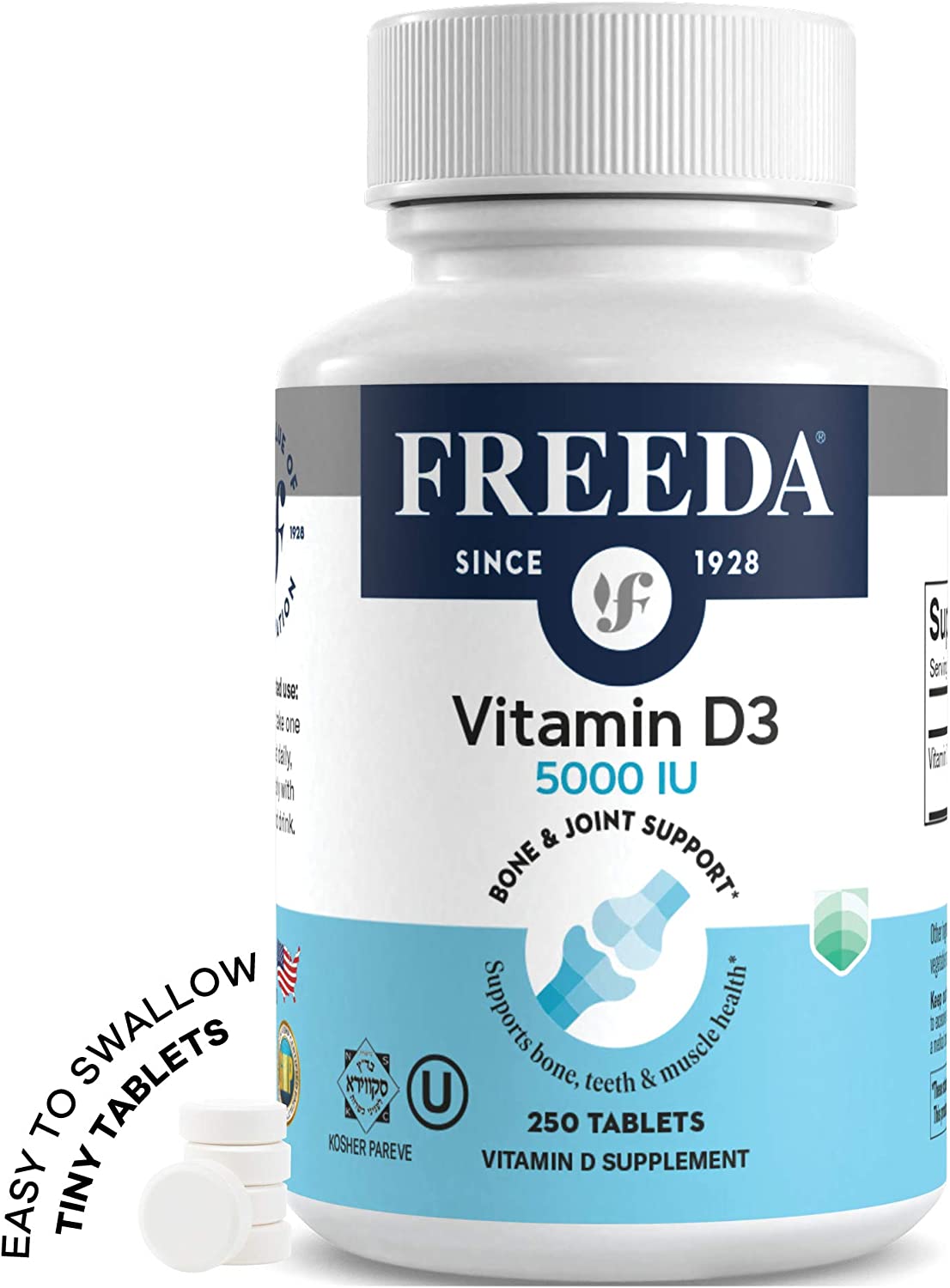 Freeda Vitamin D3 - 5000 IU - Pure High Potency Kosher Supplement Tablets - Bone and Muscle Health,