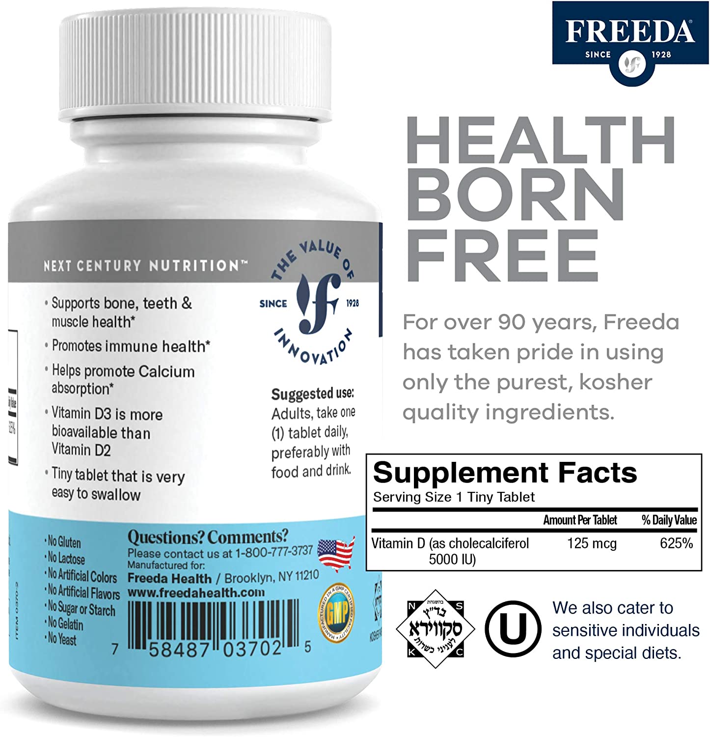 Freeda Vitamin D3 - 5000 IU - Pure High Potency Kosher Supplement Tablets - Bone and Muscle Health,