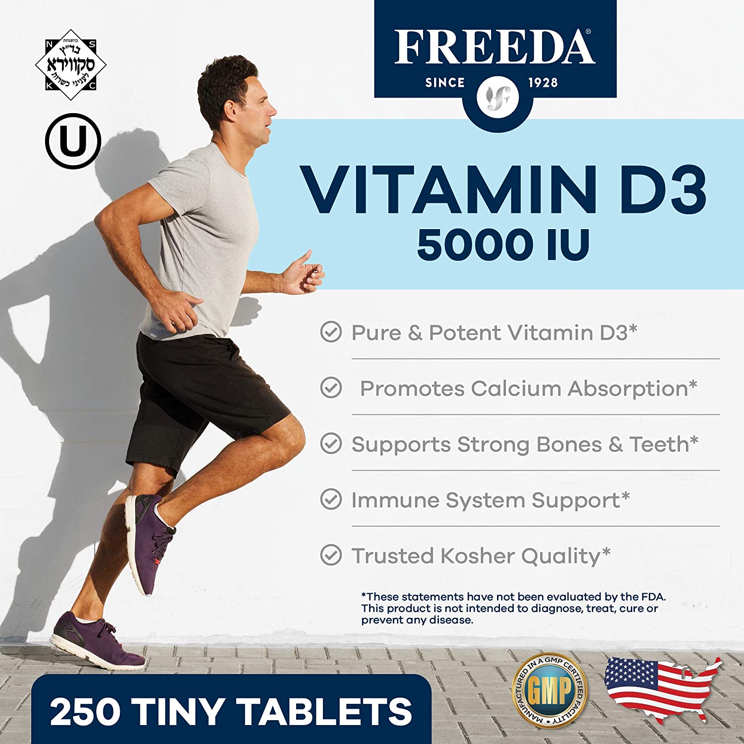 Freeda Vitamin D3 - 5000 IU - Pure High Potency Kosher Supplement Tablets - Bone and Muscle Health,