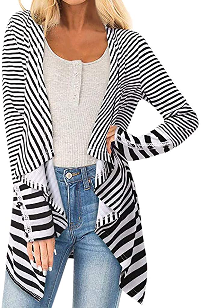 WUAI-Women Cardigans Striped Printed Open Front Kimono Loose Cardigan Coat Tops
