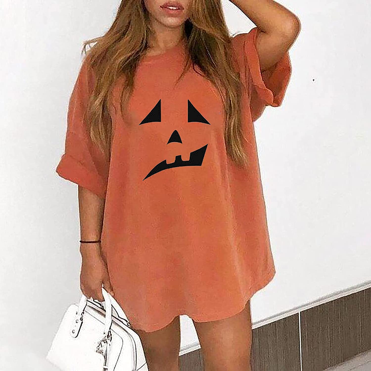 Halloween Oversized T Shirts for Women Pumpkin Print Gothic Costume Loose Graphic tees Crewneck Shor