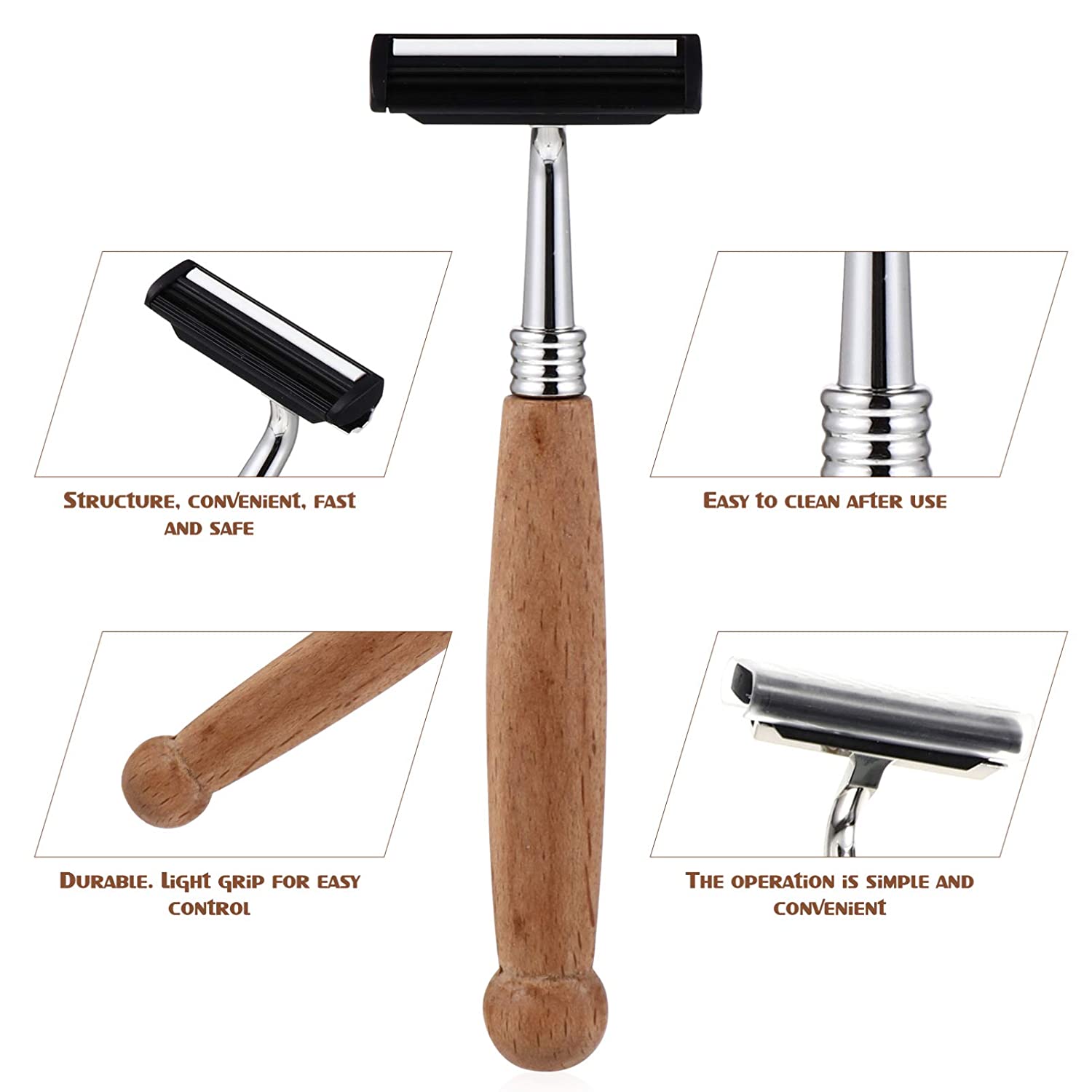 Beaupretty Safety Shaving Razor Reusable Eco Friendly Razor with Long Natural Bamboo Handle Wood Saf