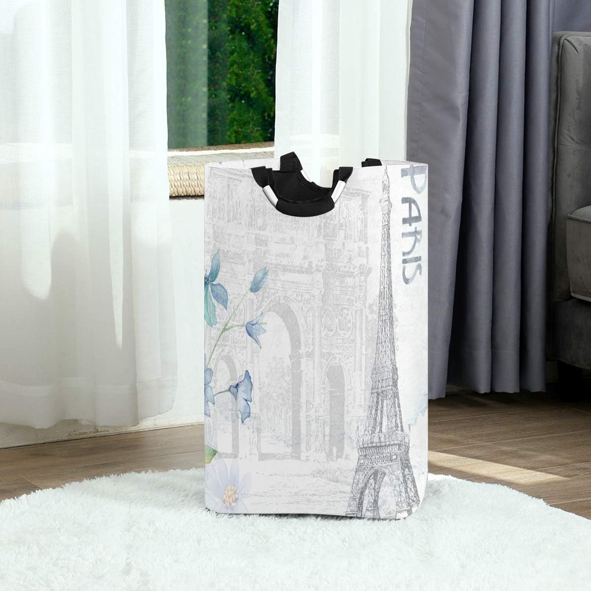 Kaariok White French France Paris Scenery Eiffel Tower Post Stamps Laundry Hamper with Handles Water