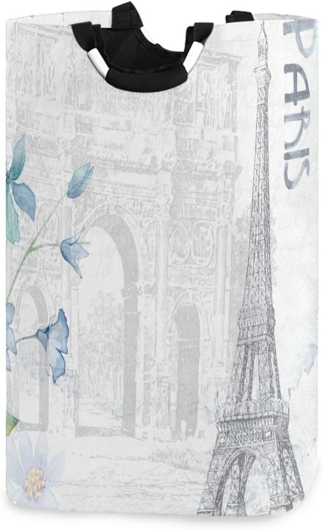 Kaariok White French France Paris Scenery Eiffel Tower Post Stamps Laundry Hamper with Handles Water