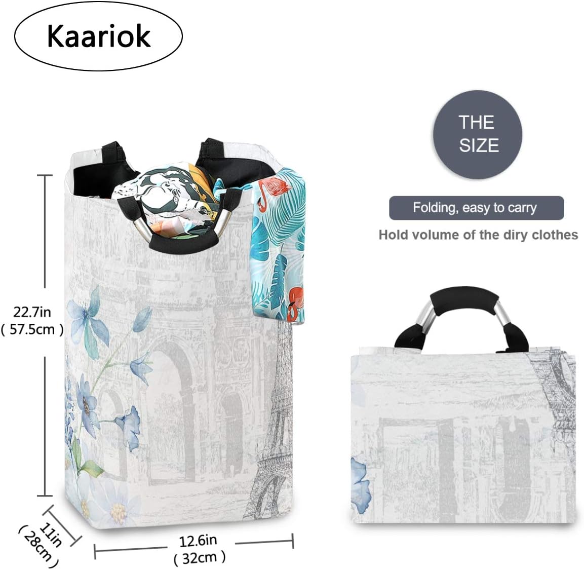 Kaariok White French France Paris Scenery Eiffel Tower Post Stamps Laundry Hamper with Handles Water