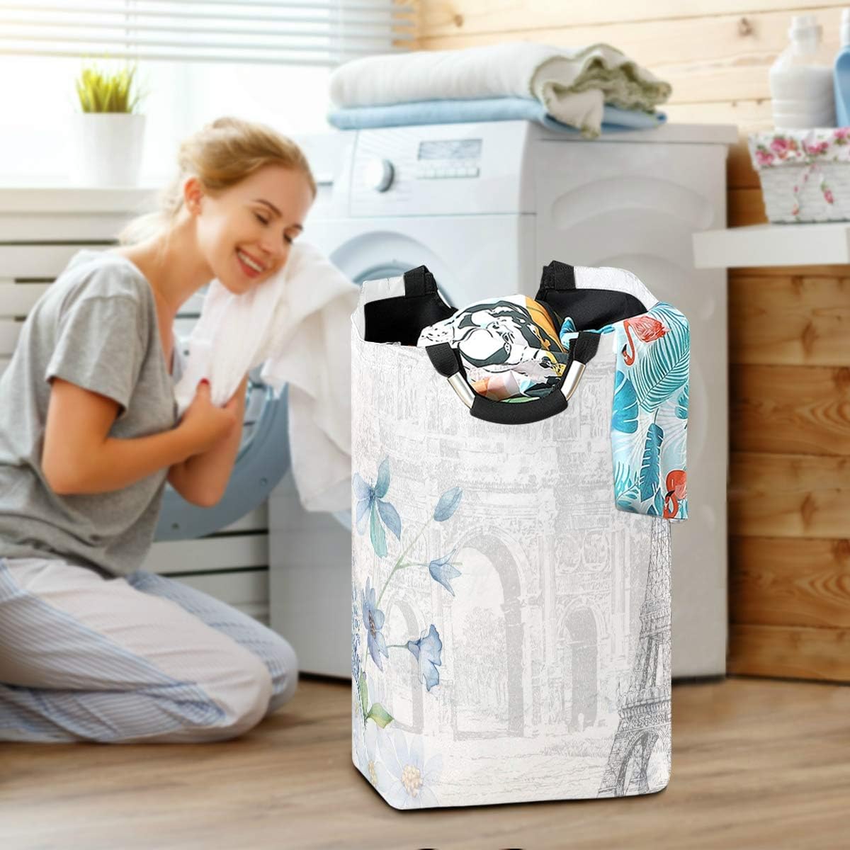 Kaariok White French France Paris Scenery Eiffel Tower Post Stamps Laundry Hamper with Handles Water