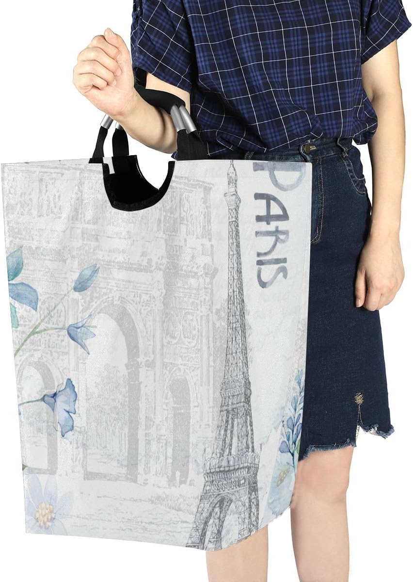 Kaariok White French France Paris Scenery Eiffel Tower Post Stamps Laundry Hamper with Handles Water