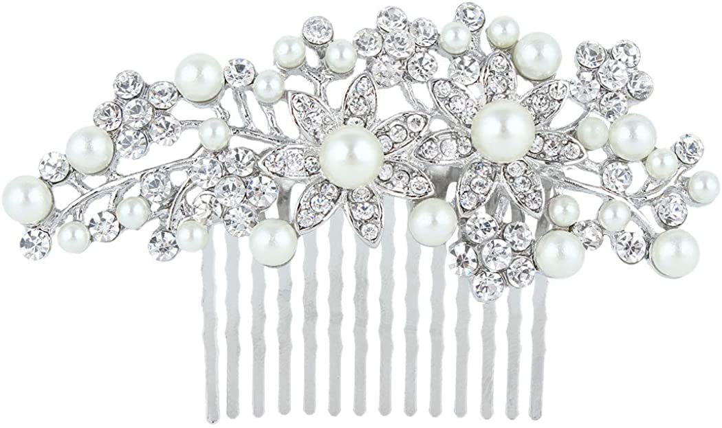 EVER FAITH Bridal Silver-Tone Flower Simulated Pearl Clear Austrian Crystal Hair Comb