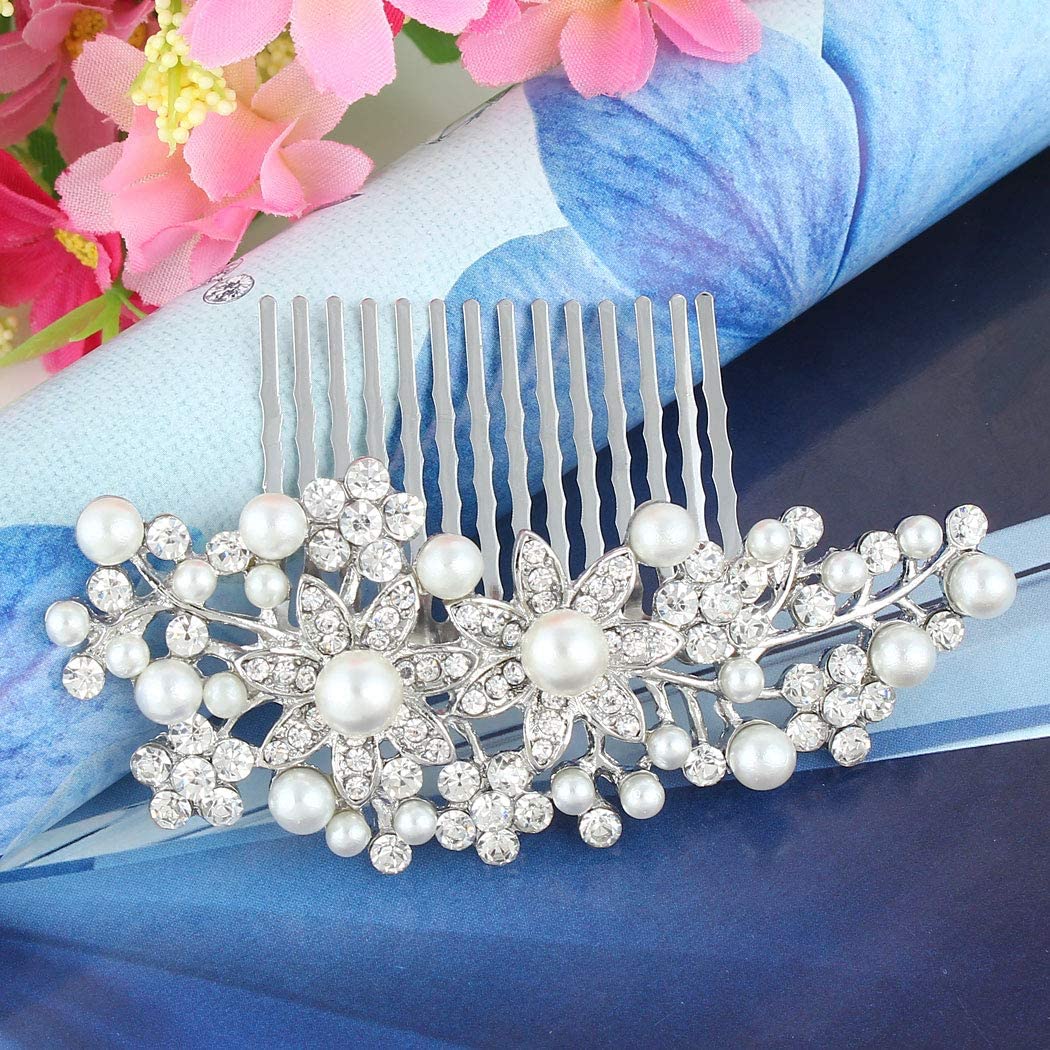 EVER FAITH Bridal Silver-Tone Flower Simulated Pearl Clear Austrian Crystal Hair Comb