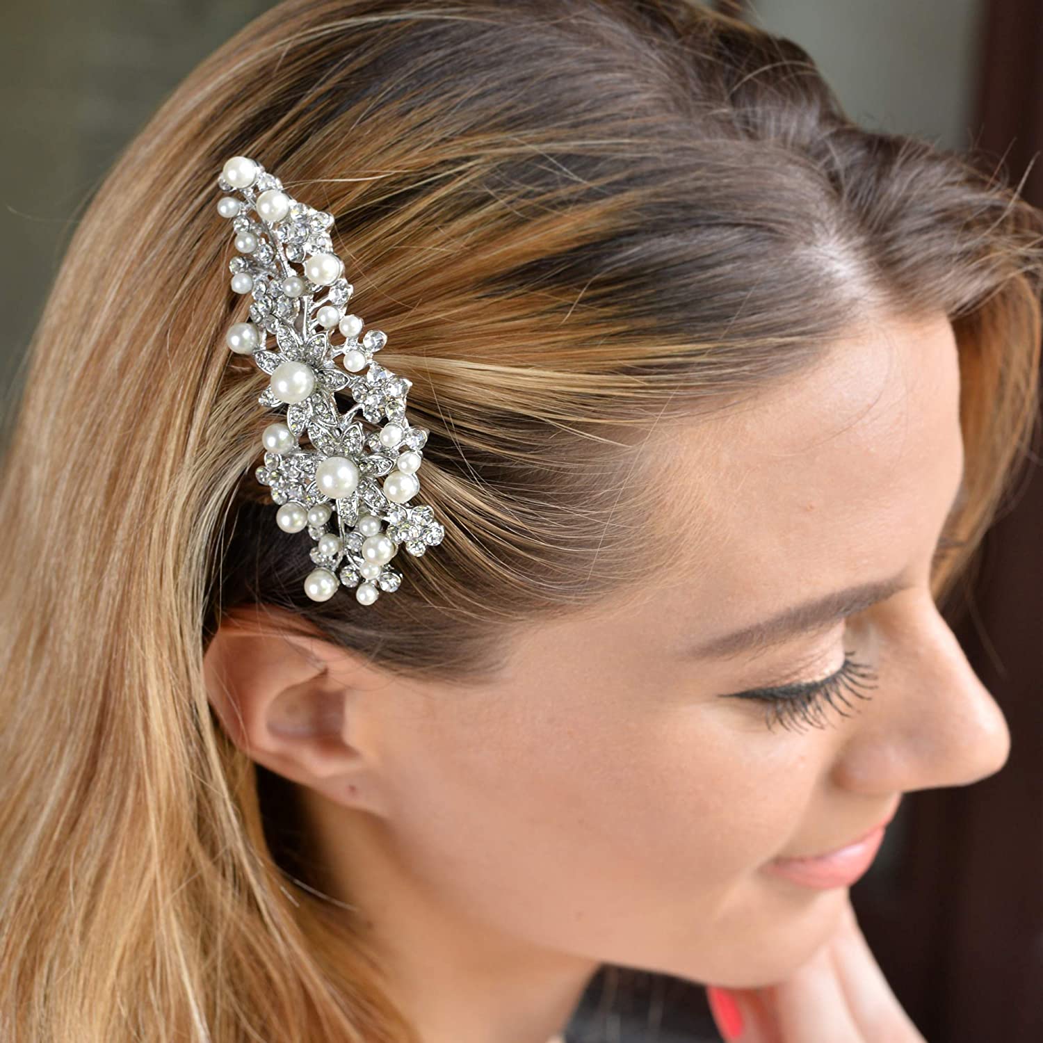 EVER FAITH Bridal Silver-Tone Flower Simulated Pearl Clear Austrian Crystal Hair Comb