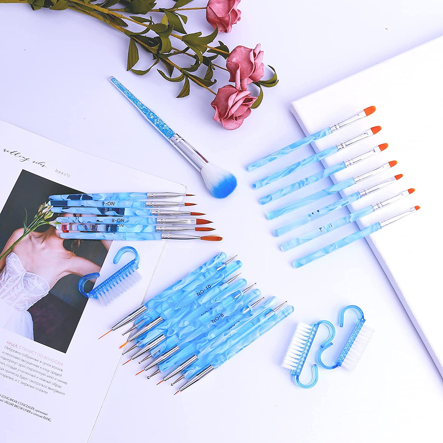 28PCS Acrylic Nail Brush Set Including 7 Pcs UV Gel Nail Art Brushes(Color Blue), 6 Pcs 3D Nail Exte