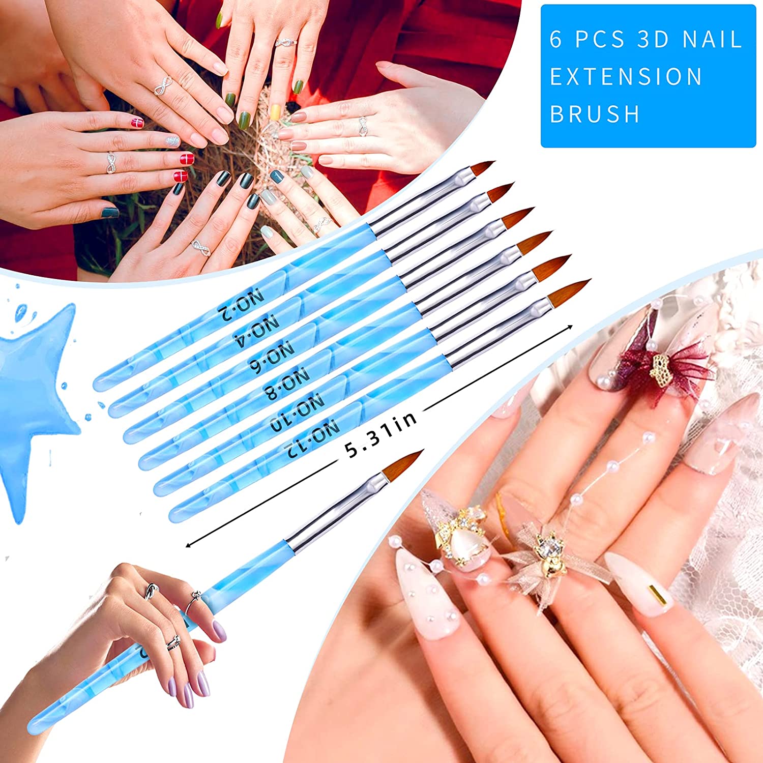 28PCS Acrylic Nail Brush Set Including 7 Pcs UV Gel Nail Art Brushes(Color Blue), 6 Pcs 3D Nail Exte