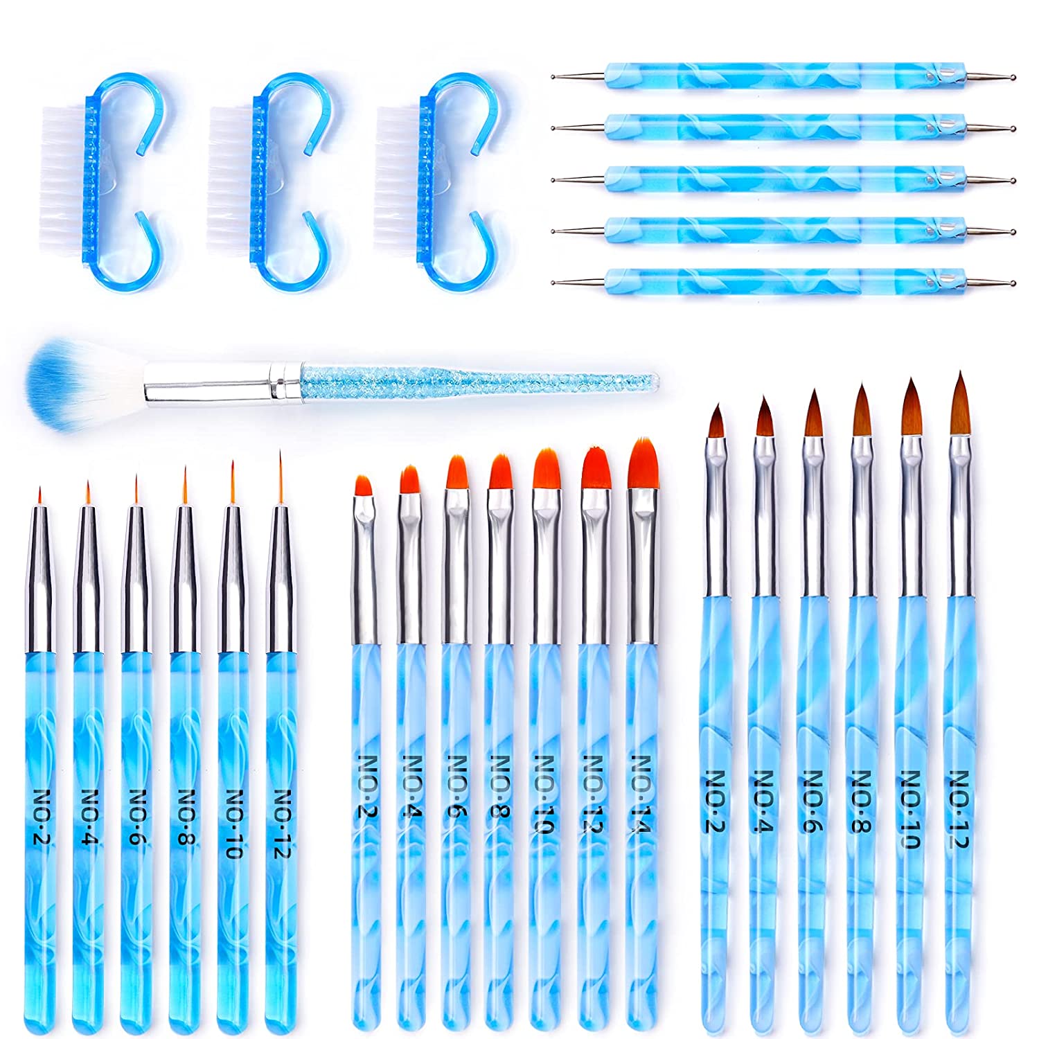 28PCS Acrylic Nail Brush Set Including 7 Pcs UV Gel Nail Art Brushes(Color Blue), 6 Pcs 3D Nail Exte