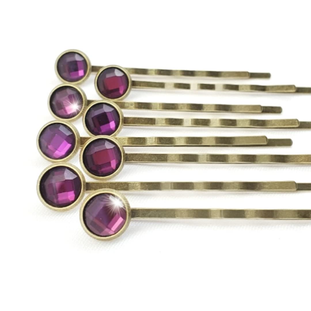 Crystal Hair Pins for Women, Decorative Bobby Pin Set of 8 Purple Hairpins, Sparkly Glass Rhinestone