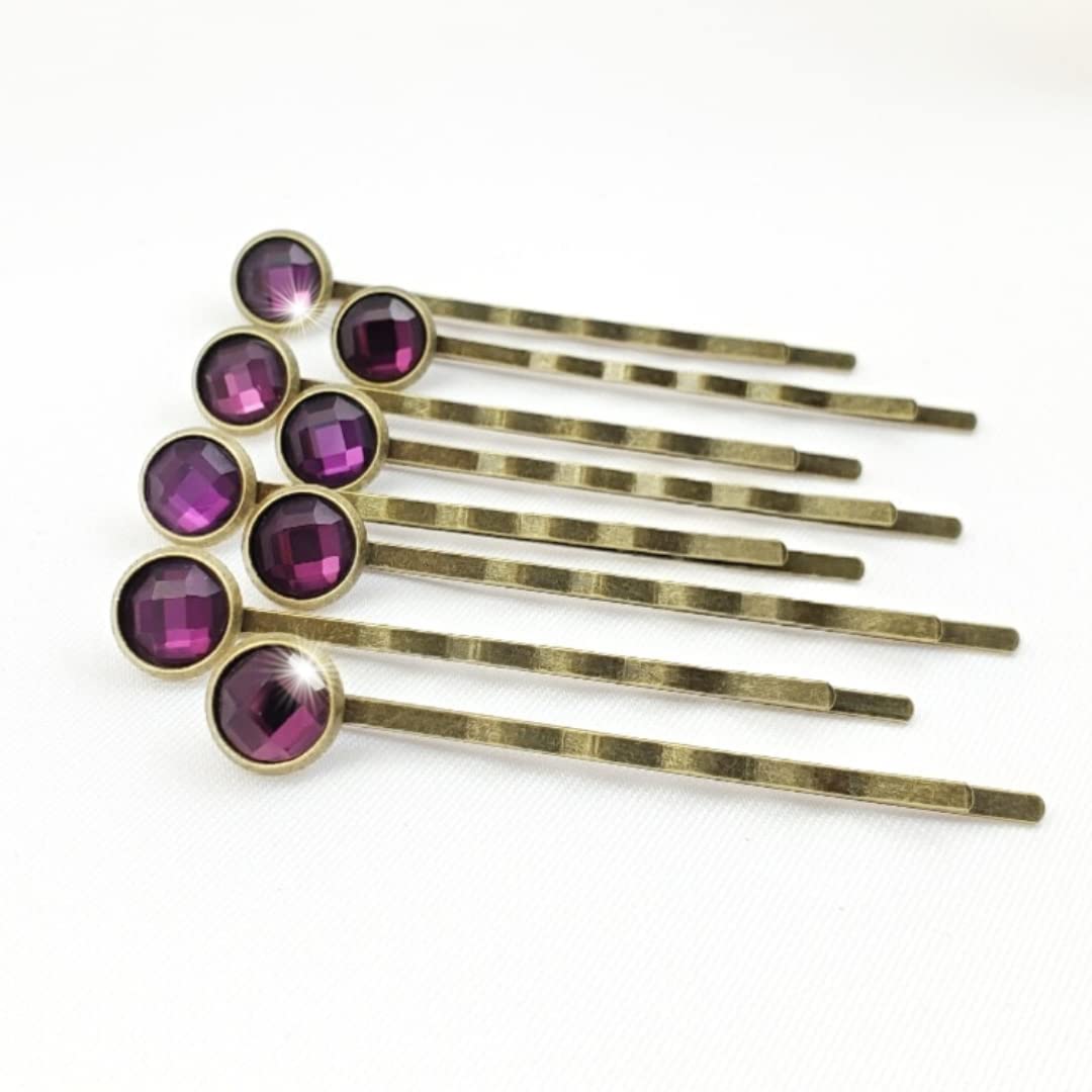 Crystal Hair Pins for Women, Decorative Bobby Pin Set of 8 Purple Hairpins, Sparkly Glass Rhinestone