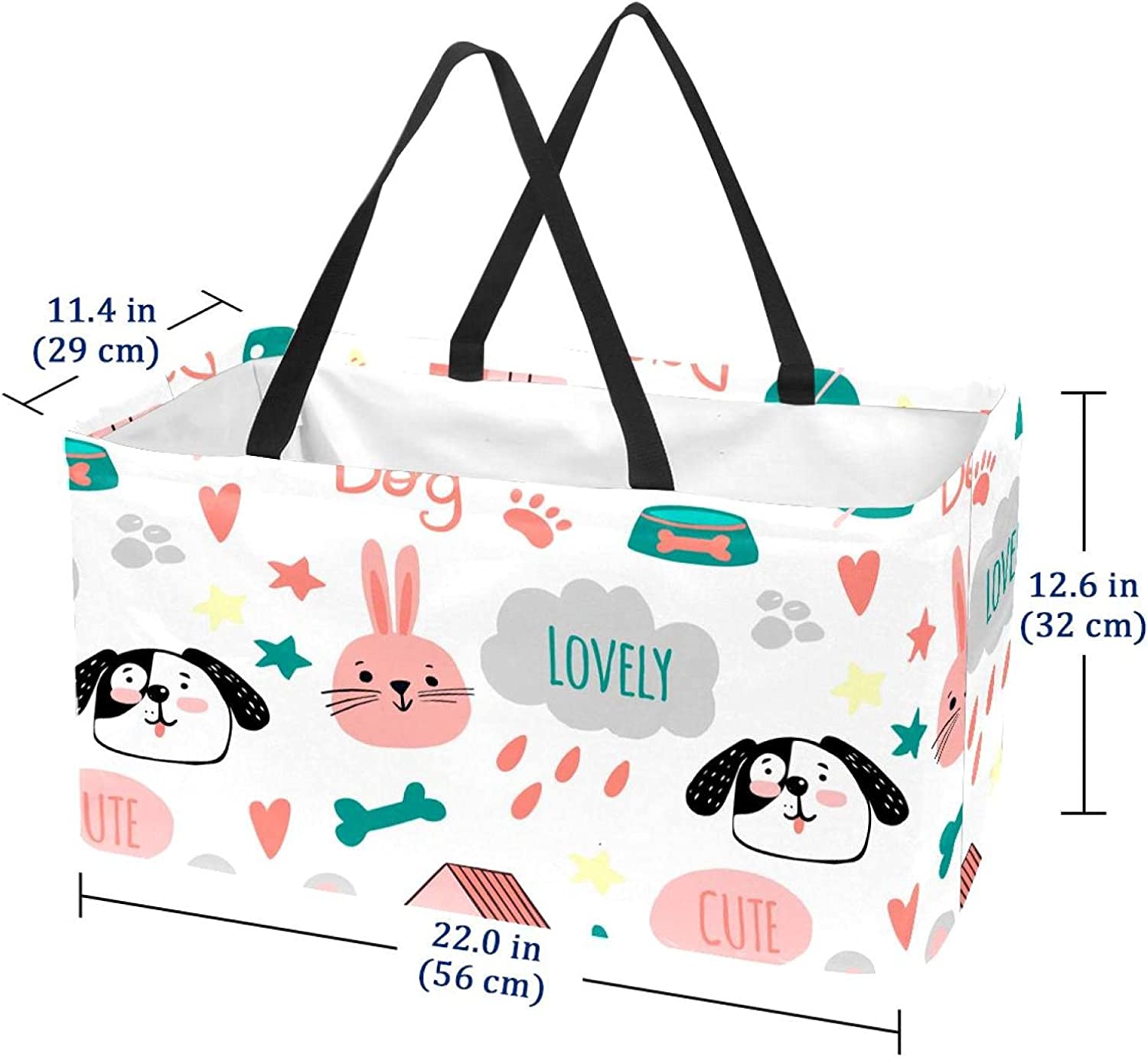 Reusable Grocery Bags Boxes Storage Basket, Dinosaurs Pattern Collapsible Utility Tote Bags with Lon