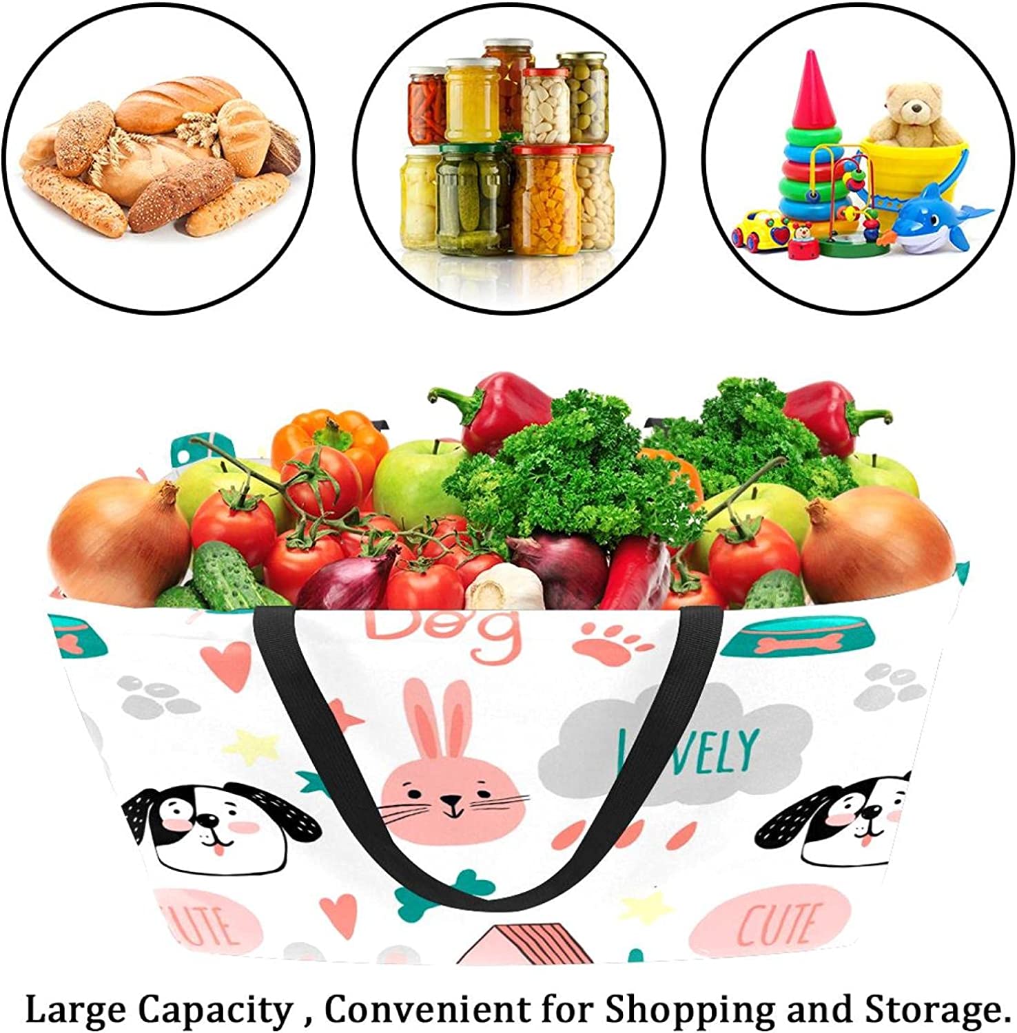 Reusable Grocery Bags Boxes Storage Basket, Dinosaurs Pattern Collapsible Utility Tote Bags with Lon