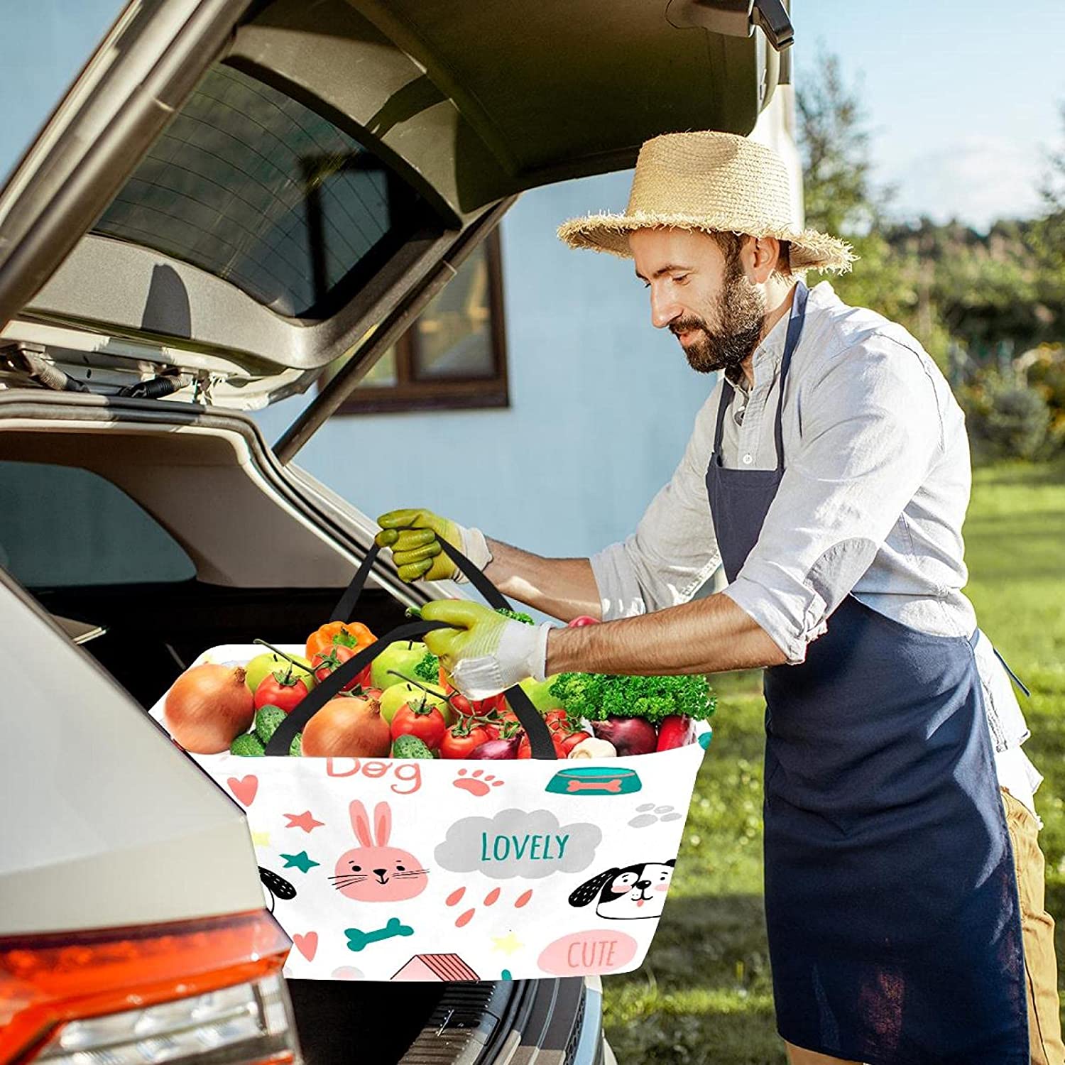 Reusable Grocery Bags Boxes Storage Basket, Dinosaurs Pattern Collapsible Utility Tote Bags with Lon