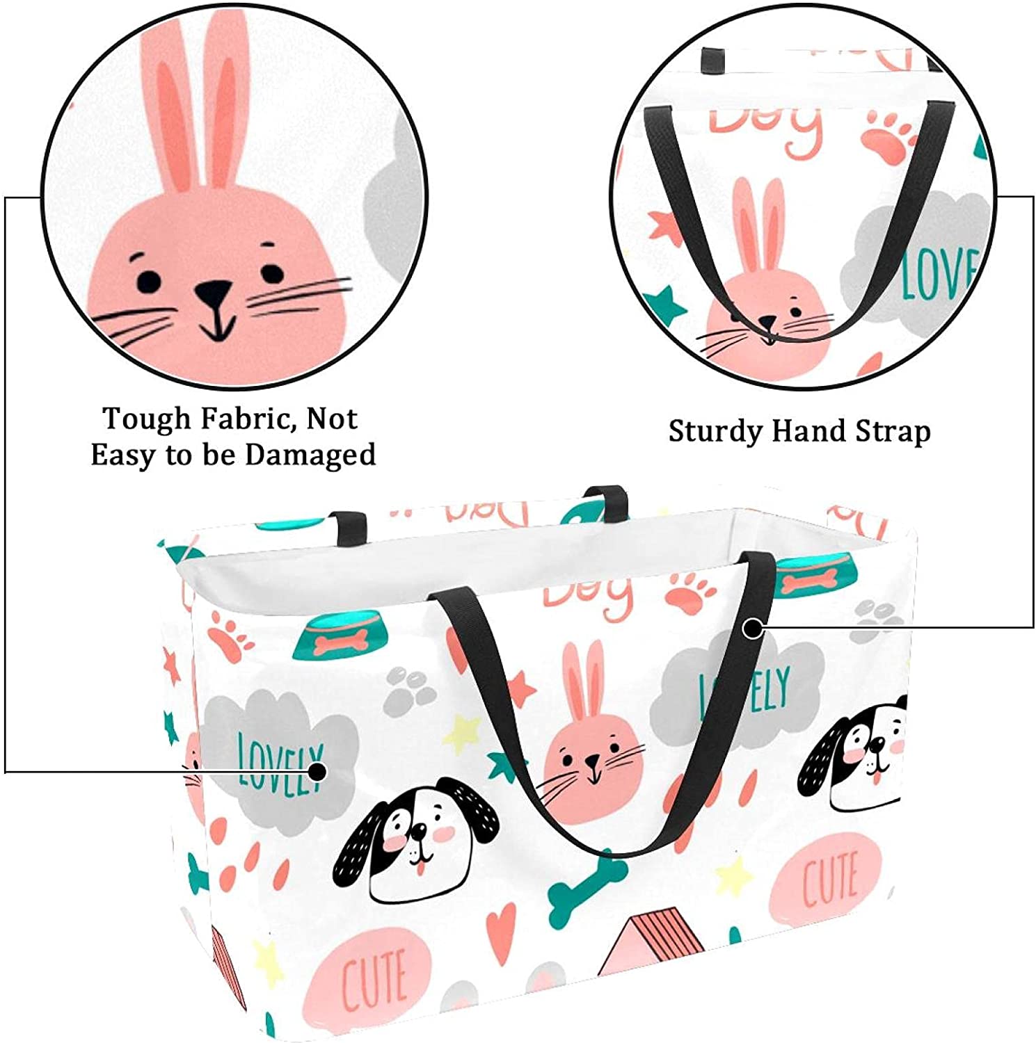 Reusable Grocery Bags Boxes Storage Basket, Dinosaurs Pattern Collapsible Utility Tote Bags with Lon