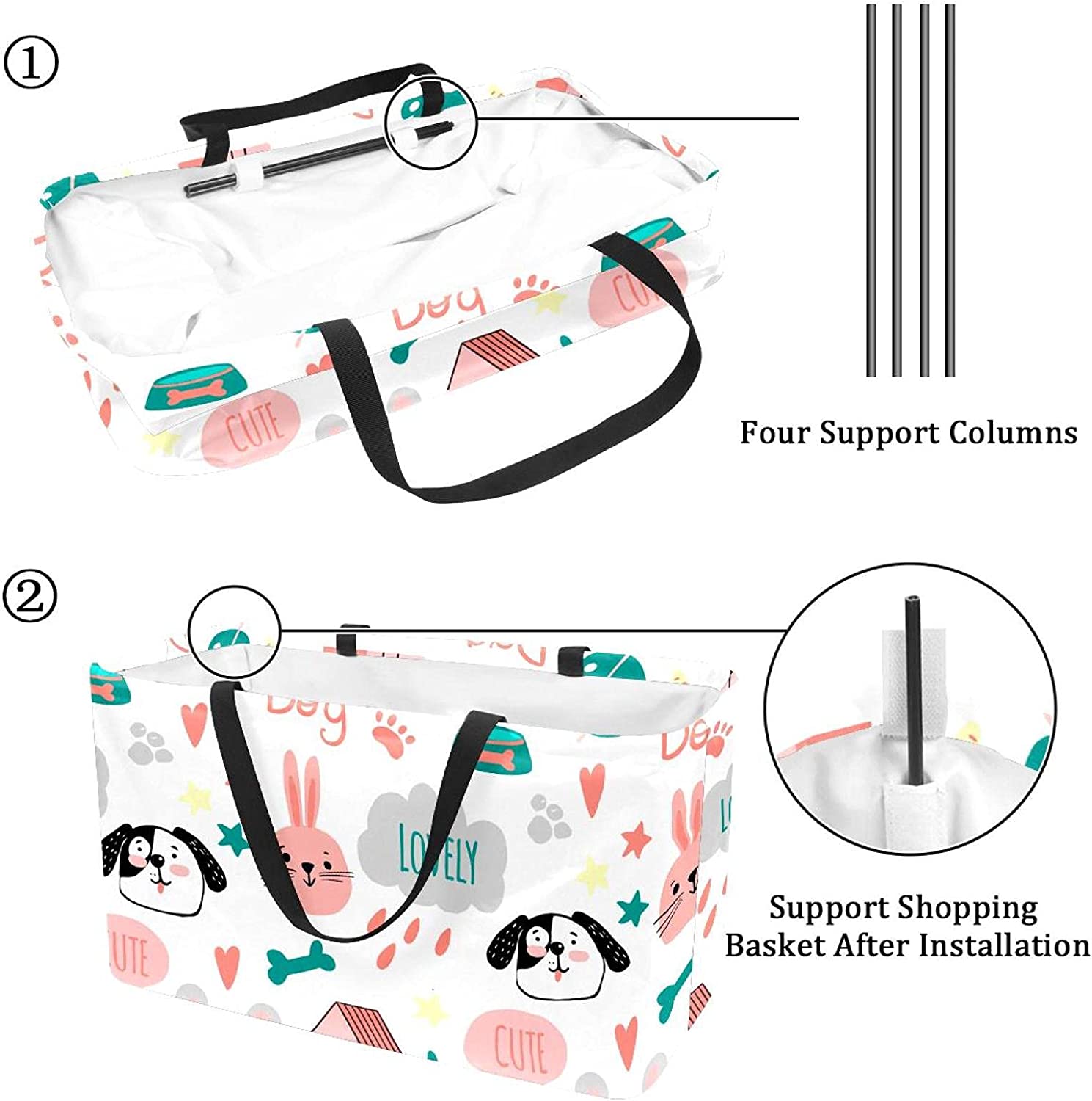 Reusable Grocery Bags Boxes Storage Basket, Dinosaurs Pattern Collapsible Utility Tote Bags with Lon
