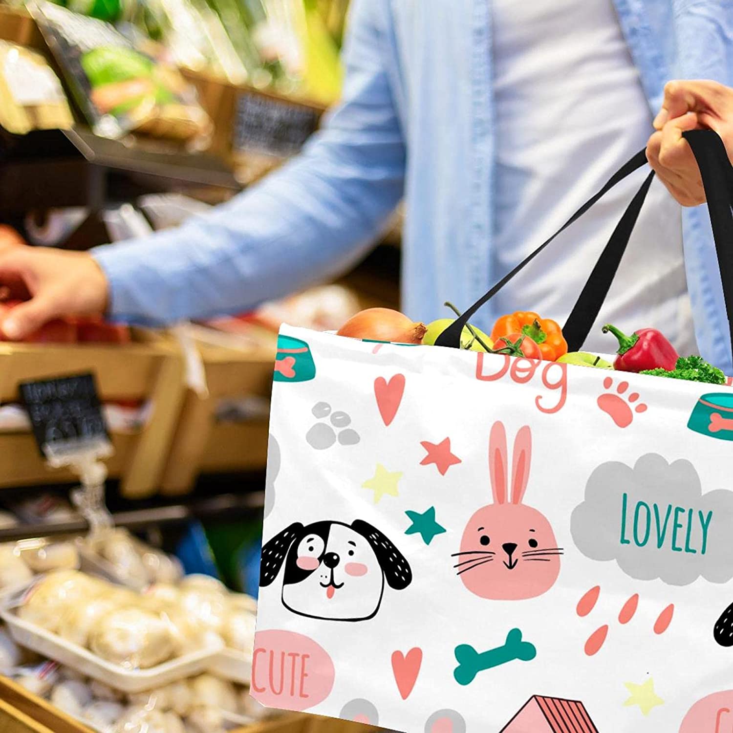 Reusable Grocery Bags Boxes Storage Basket, Dinosaurs Pattern Collapsible Utility Tote Bags with Lon