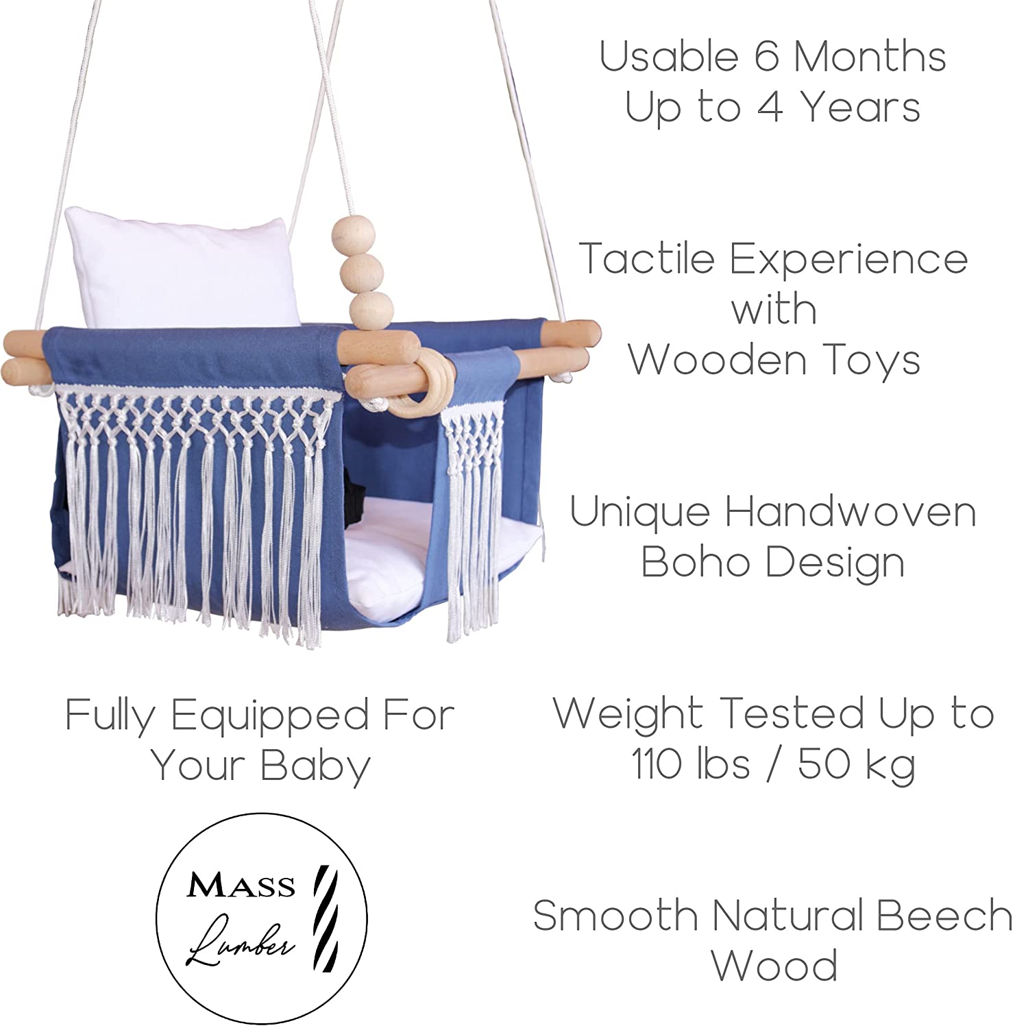Mass Lumber Boho Baby Swing - Outdoor Indoor Seat Set with Belt, Ceiling Hardwares, Cushions, Bohemi