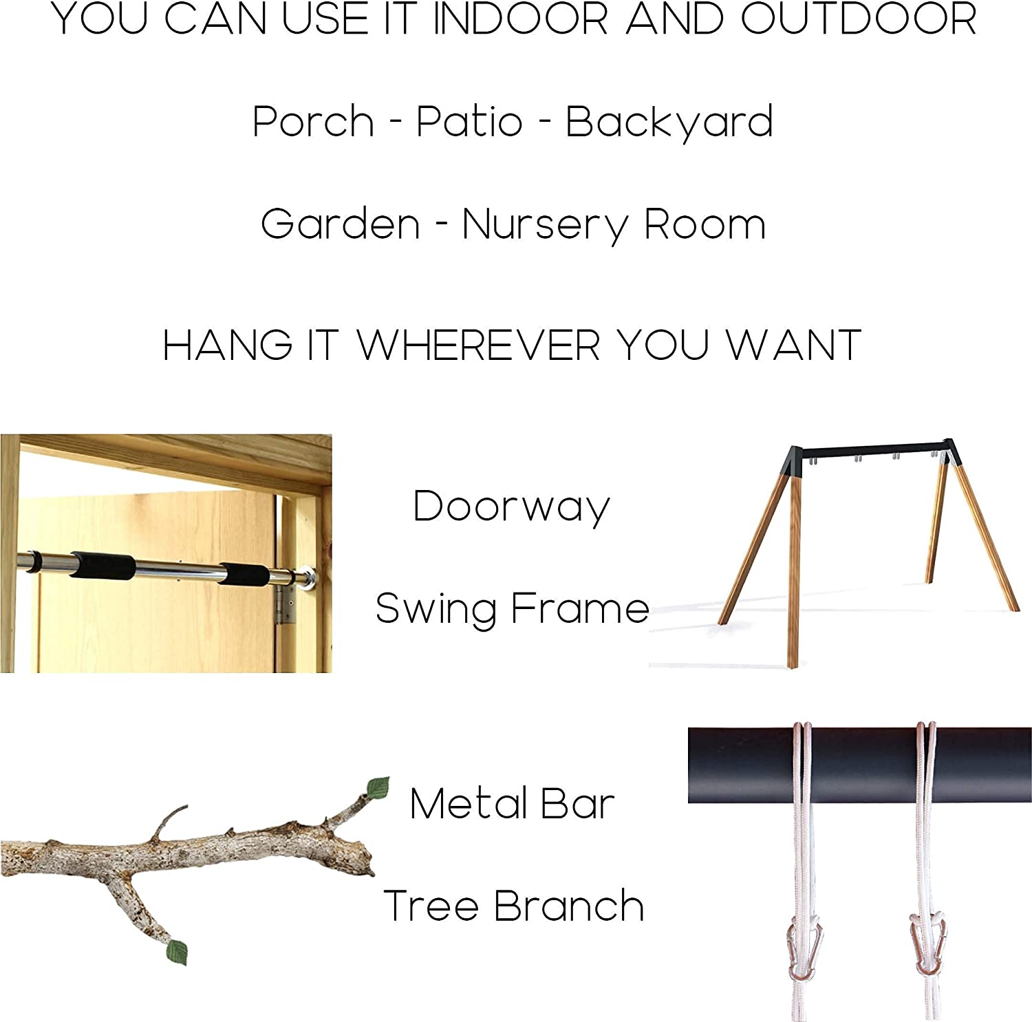 Mass Lumber Boho Baby Swing - Outdoor Indoor Seat Set with Belt, Ceiling Hardwares, Cushions, Bohemi