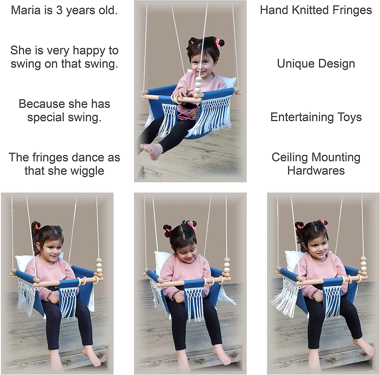 Mass Lumber Boho Baby Swing - Outdoor Indoor Seat Set with Belt, Ceiling Hardwares, Cushions, Bohemi