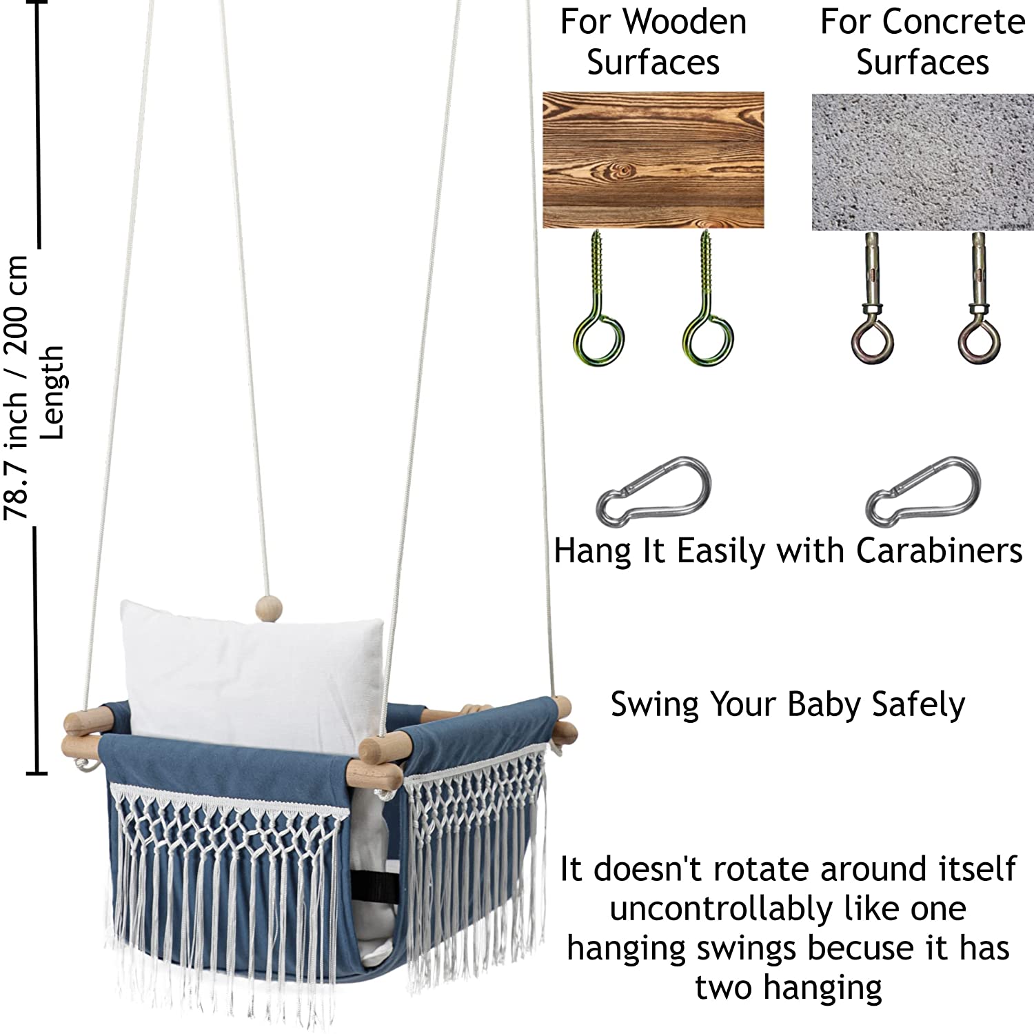 Mass Lumber Boho Baby Swing - Outdoor Indoor Seat Set with Belt, Ceiling Hardwares, Cushions, Bohemi