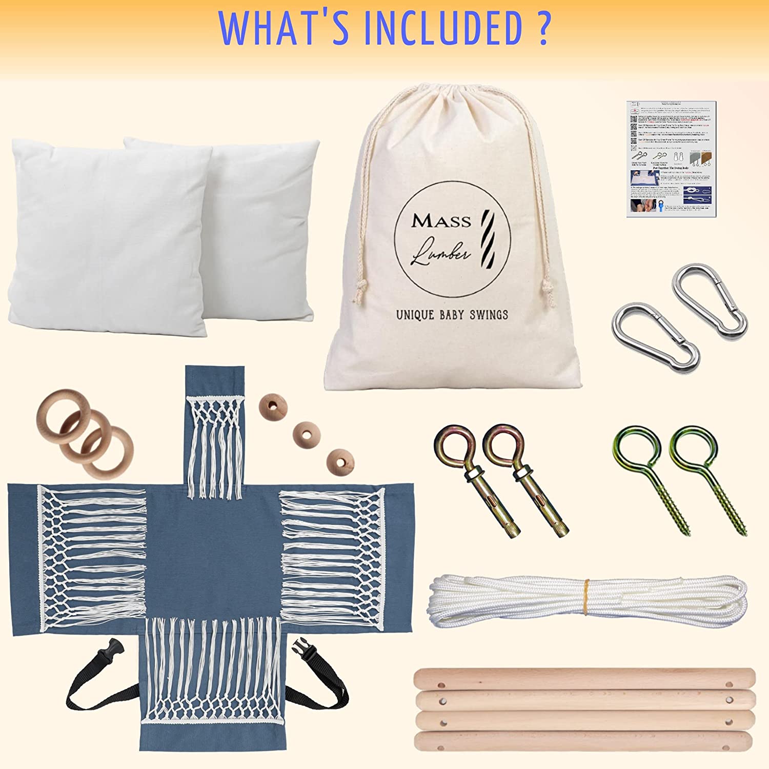 Mass Lumber Boho Baby Swing - Outdoor Indoor Seat Set with Belt, Ceiling Hardwares, Cushions, Bohemi