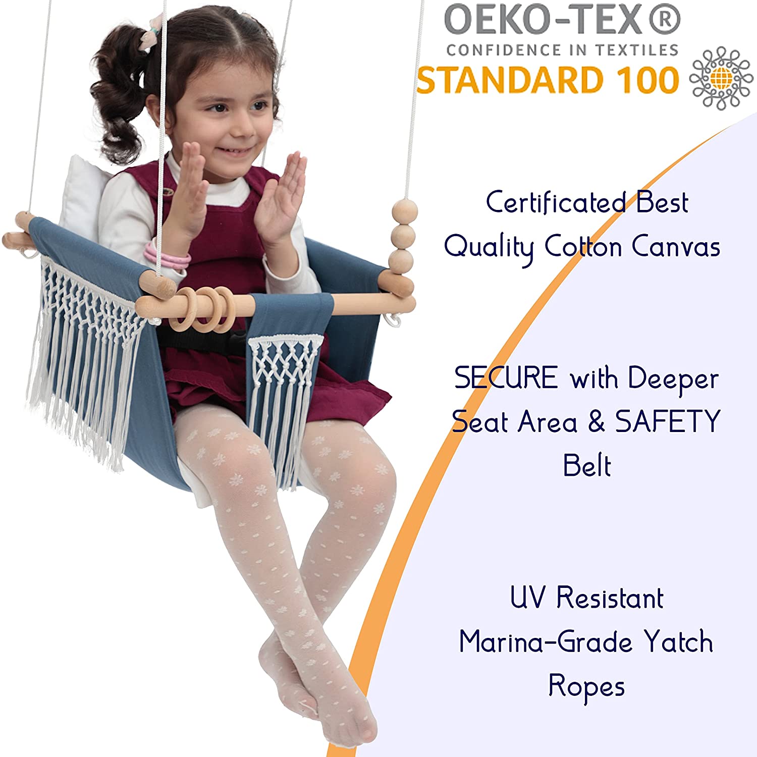 Mass Lumber Boho Baby Swing - Outdoor Indoor Seat Set with Belt, Ceiling Hardwares, Cushions, Bohemi